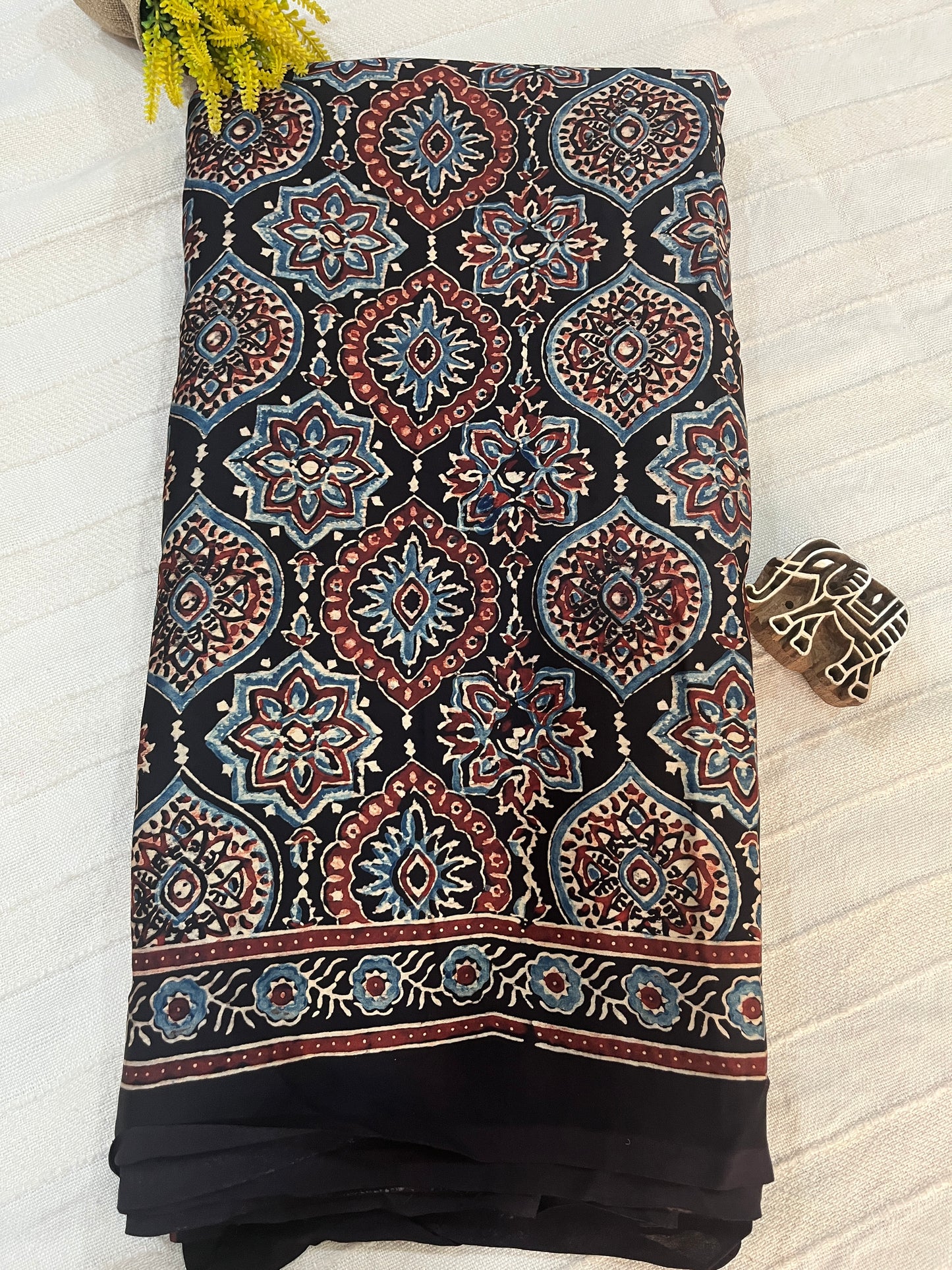 Ajrakh Modal Silk Saree - Black Badam Block