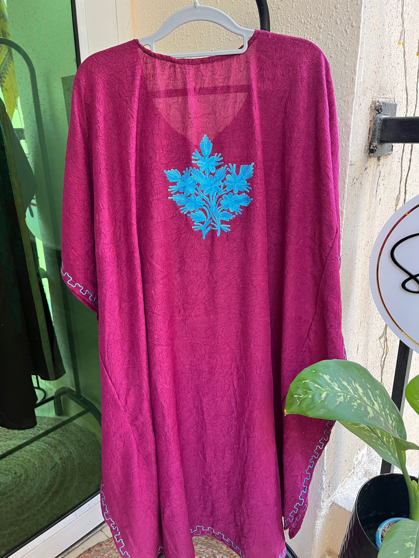 Crush Cotton Aariwork Kaftan - Magenta