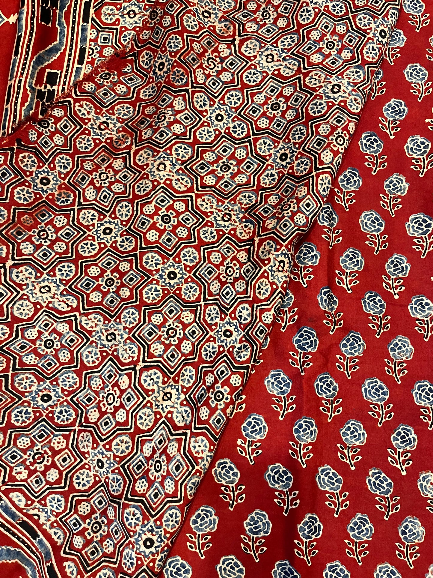 Ajrakh Modal Silk Saree - Red Rose Buttis