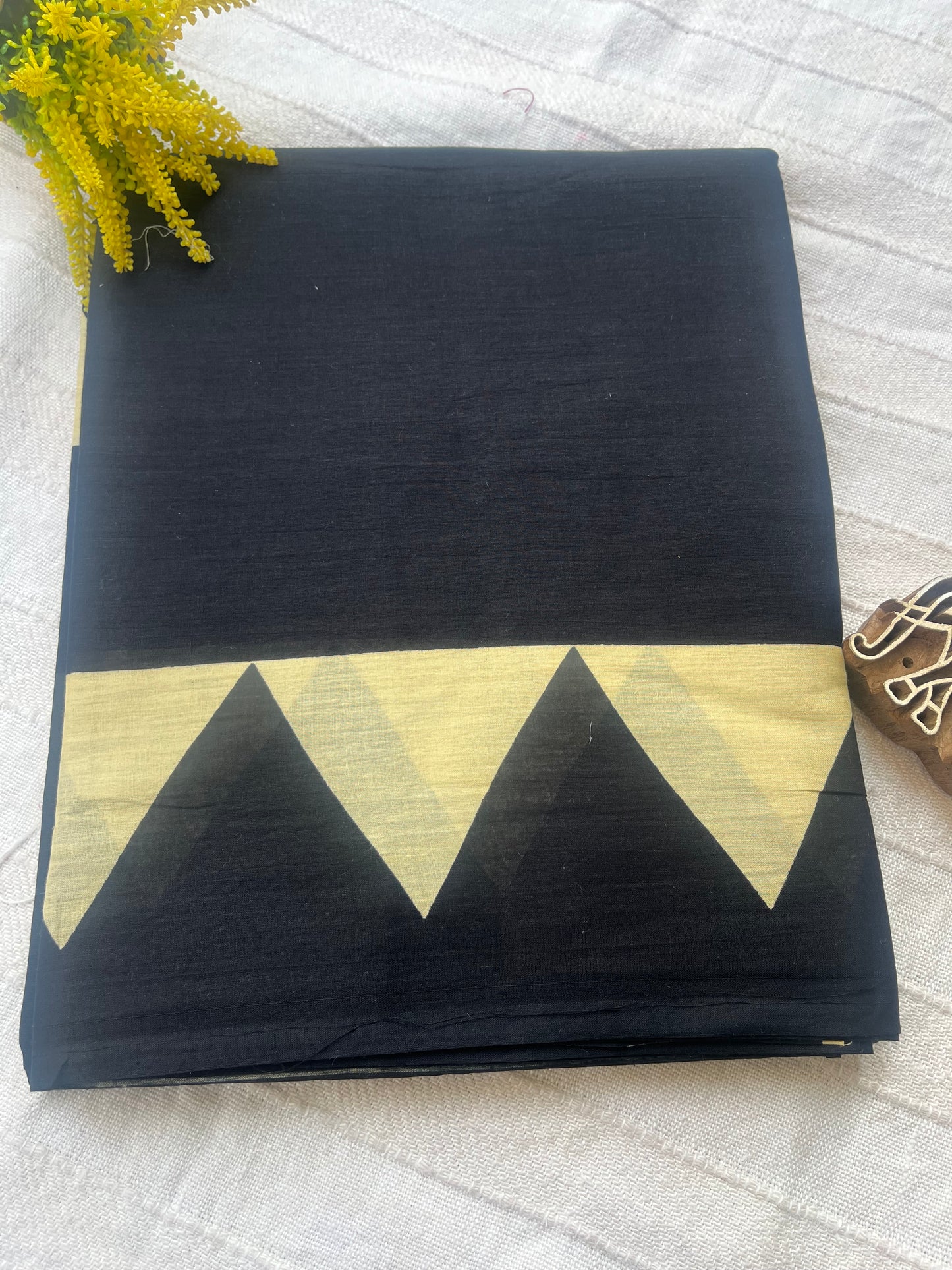 Contemporary Ajrakh Mul Cotton Saree - Black with Temple Border