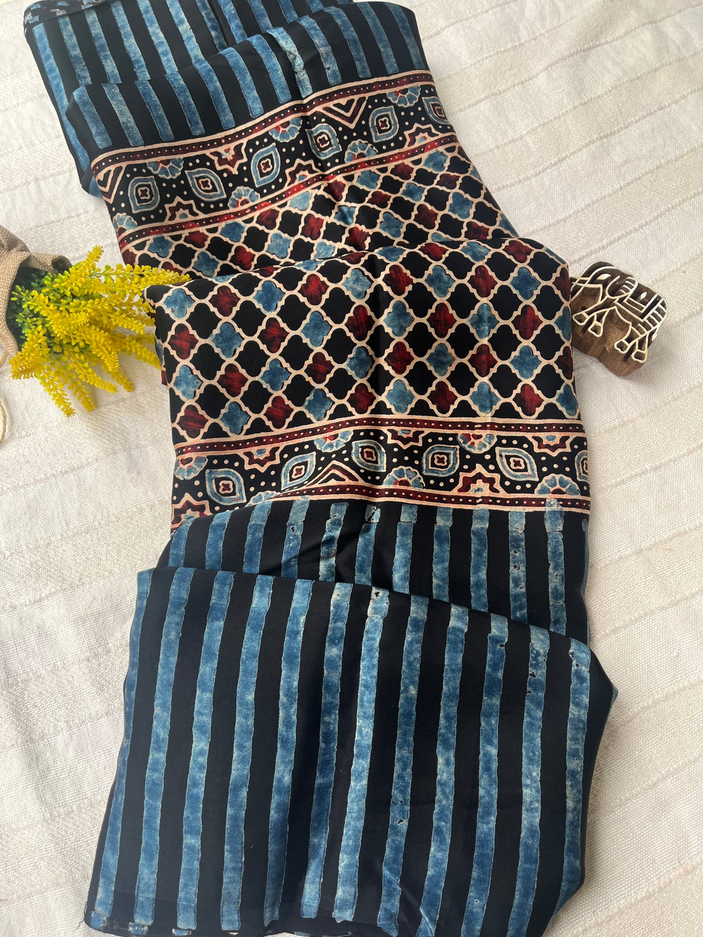 Contemporary Ajrakh Modal Silk Saree - Stripes with Cobra Print