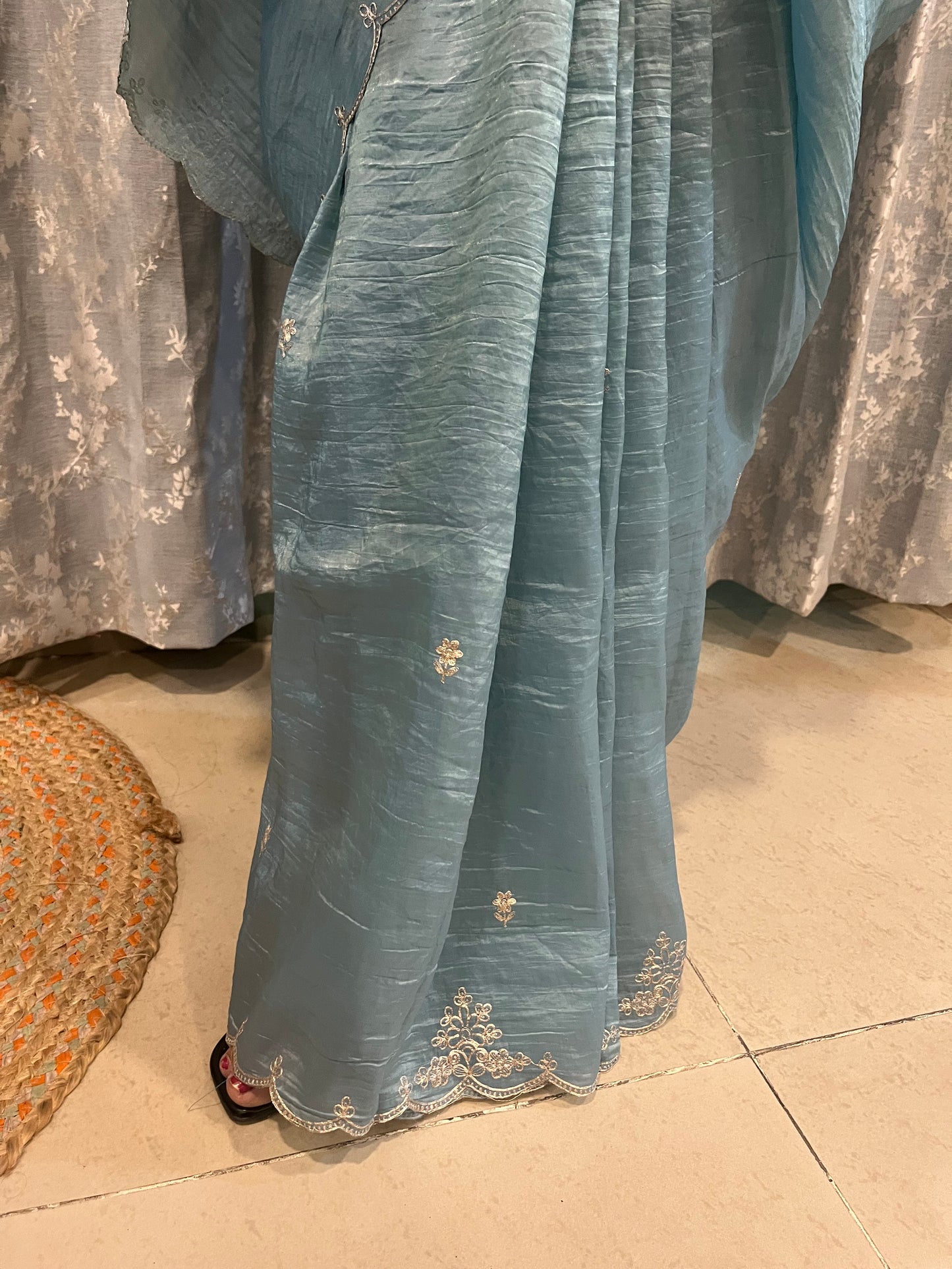 Pitta Work Crepe Tissue Saree - Aqua