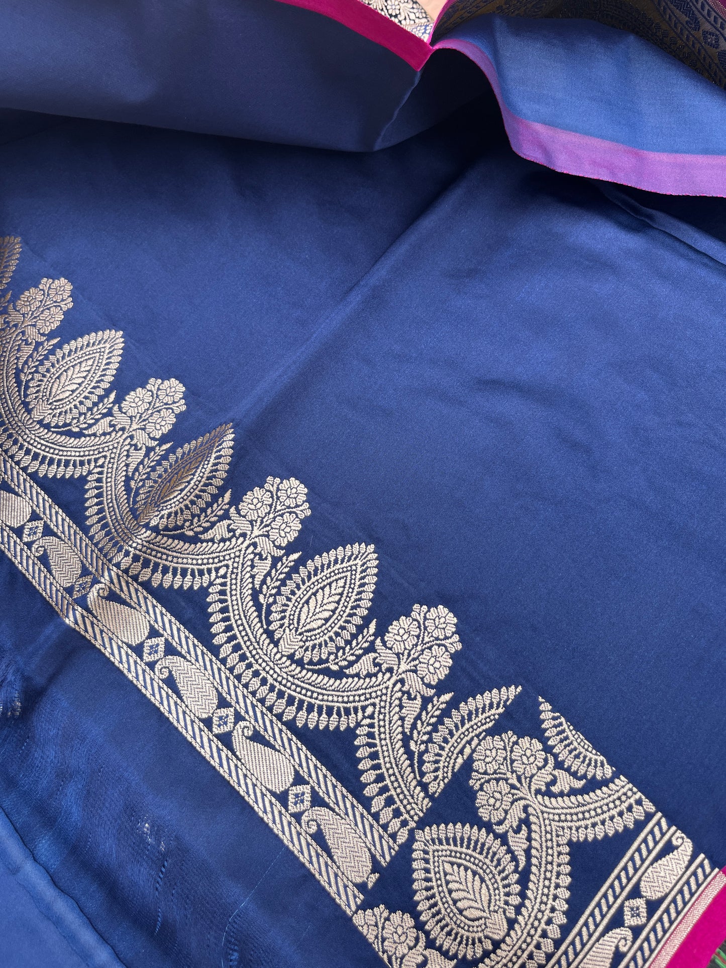 Banarasi Mashru Satin Silk Saree - Midnight Blue