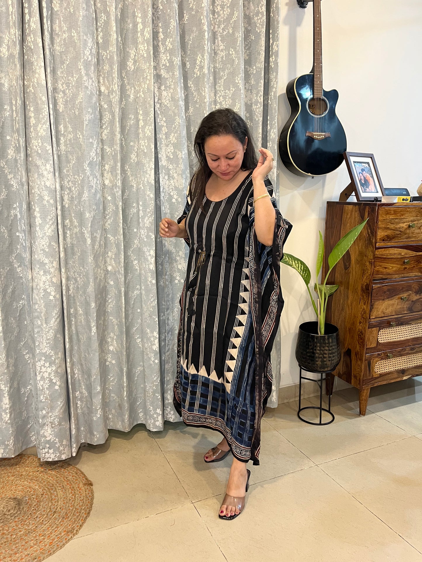 Ajrakh Modal Silk Kaftan - Black Stripes