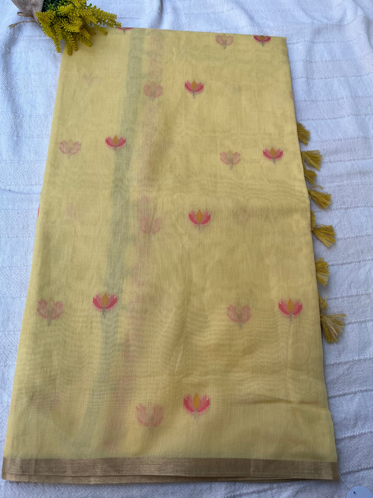 Chanderi Cotton Jamdani Saree - Lemon Yellow Lotus Motifs