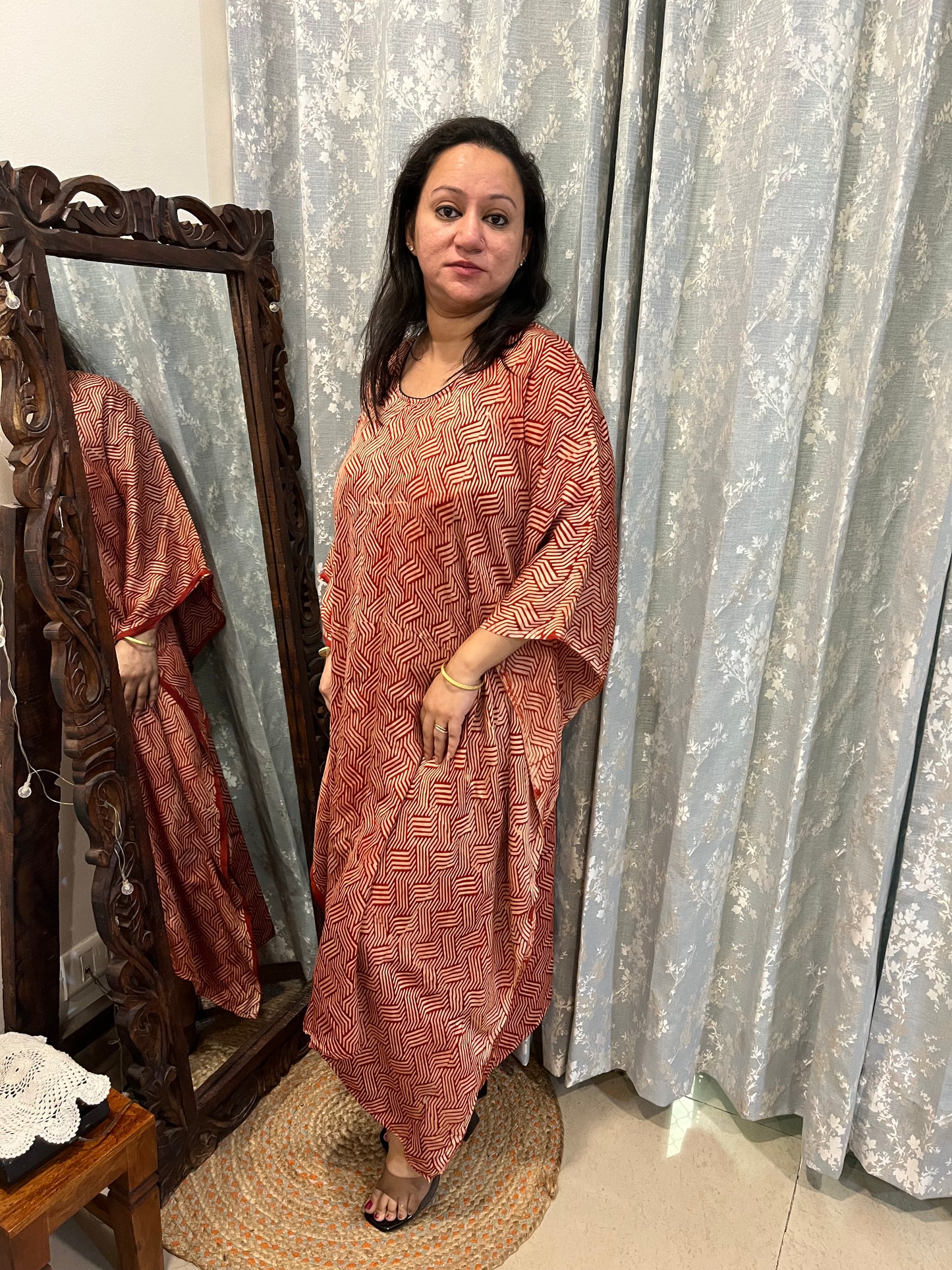 Ajrakh Modal Silk Kaftan - Red