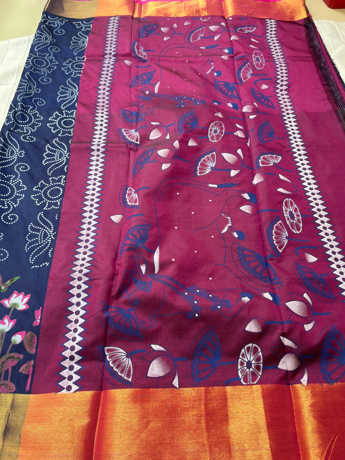 Kalamkari Printed Nelluri Silk Saree - Navy Blue