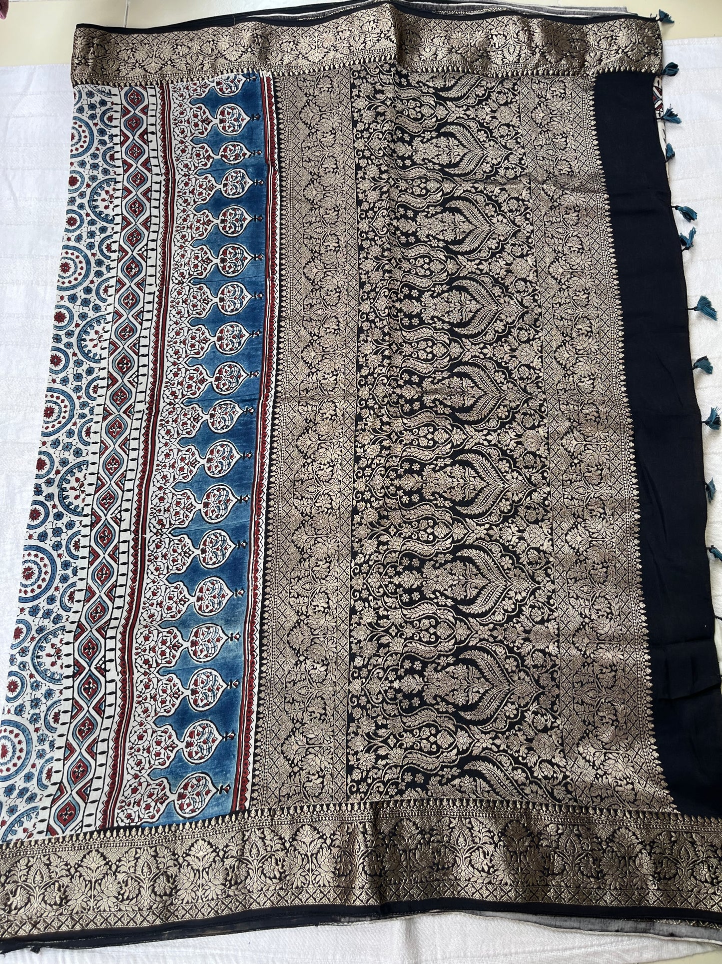 Ajrakh Dola Silk Saree - Pearl White (with tassels)