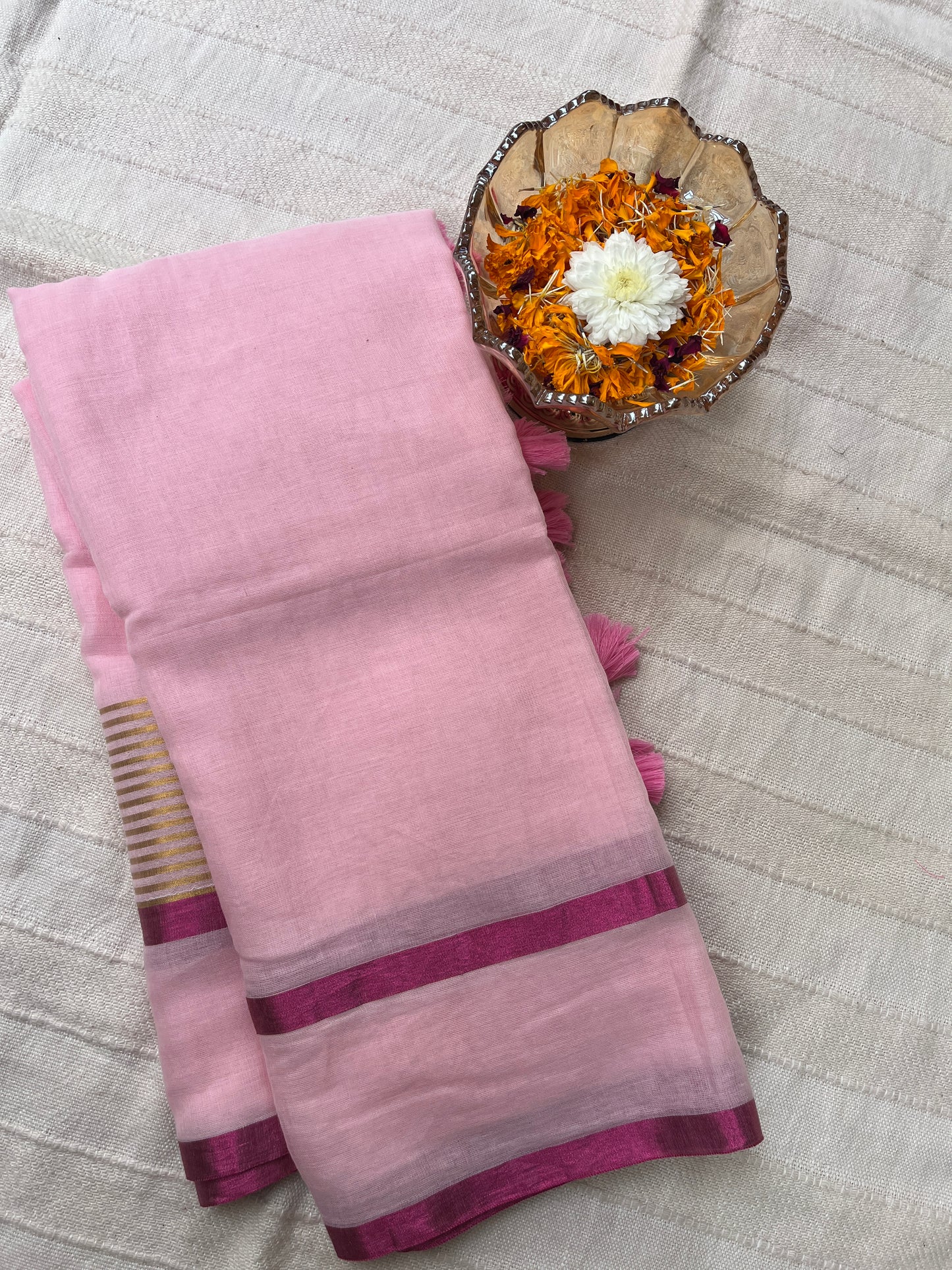 Zari Mul Cotton Saree - Baby Pink with Magenta Border (No Blouse piece)