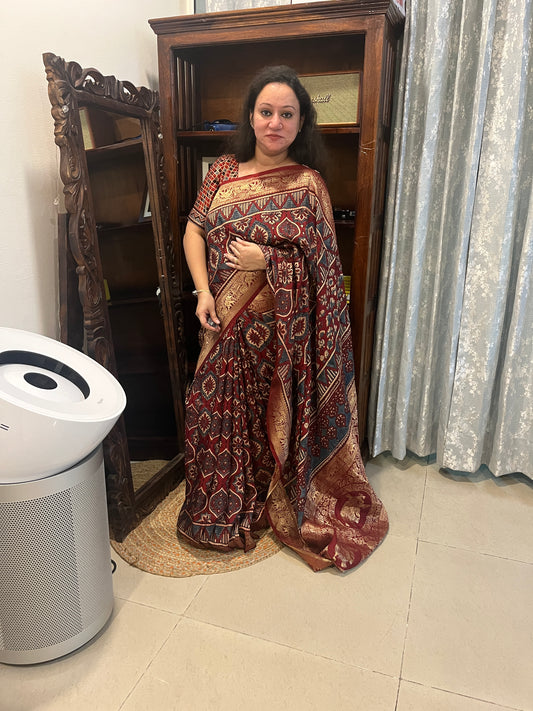 Ajrakh Dola Silk Saree - Deep Red Badam Block (with tassels)