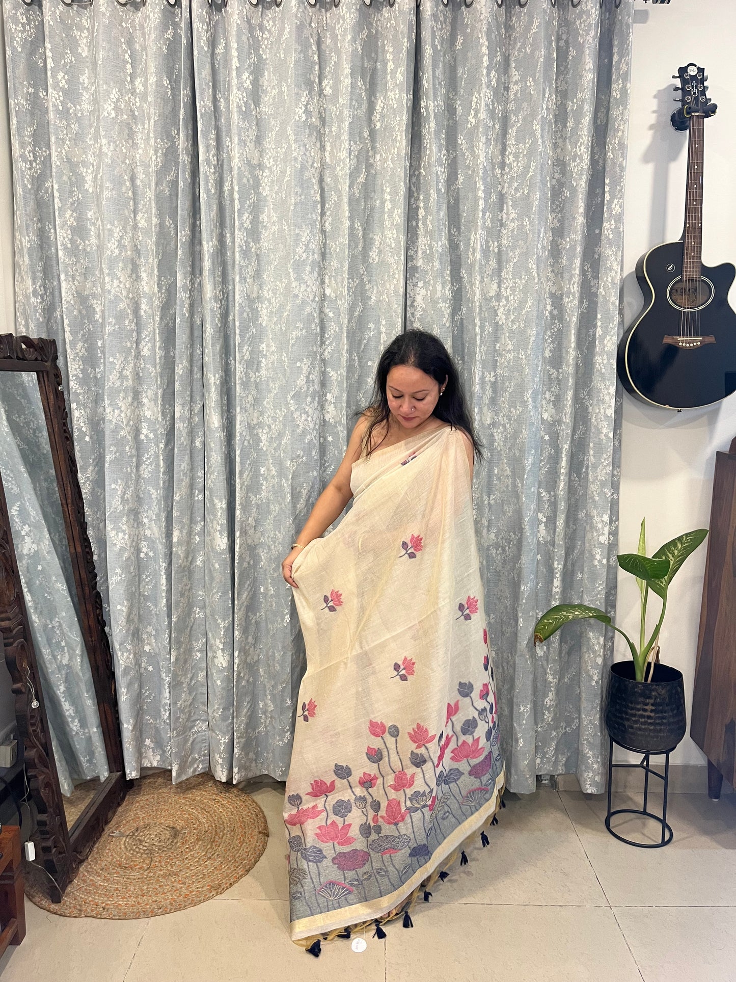 Chanderi Cotton Jamdani Saree - Pink Lotus Pond