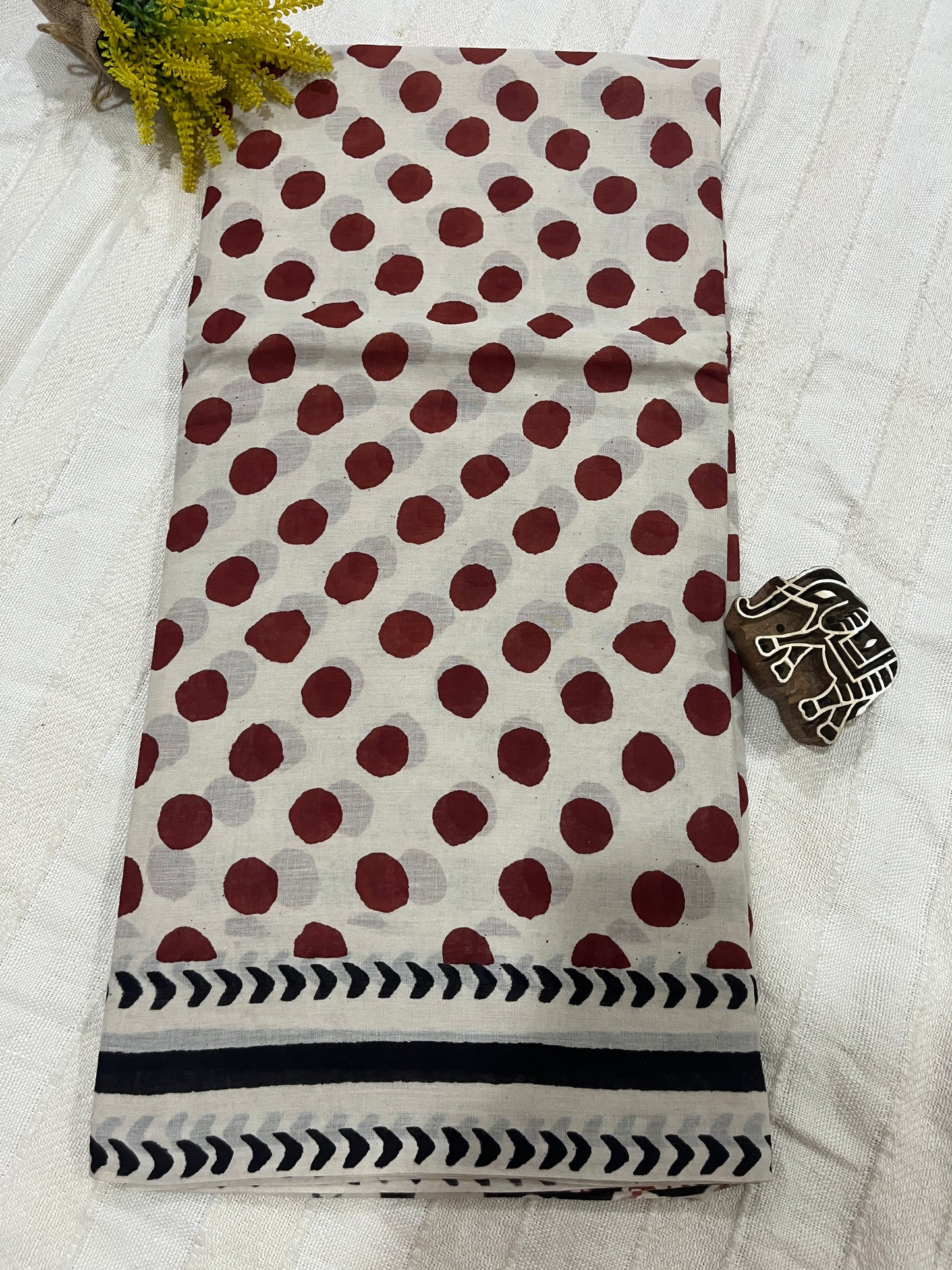 ‘Bindi Tales’ Handblock Mul Cotton Saree - Red Polka Dots