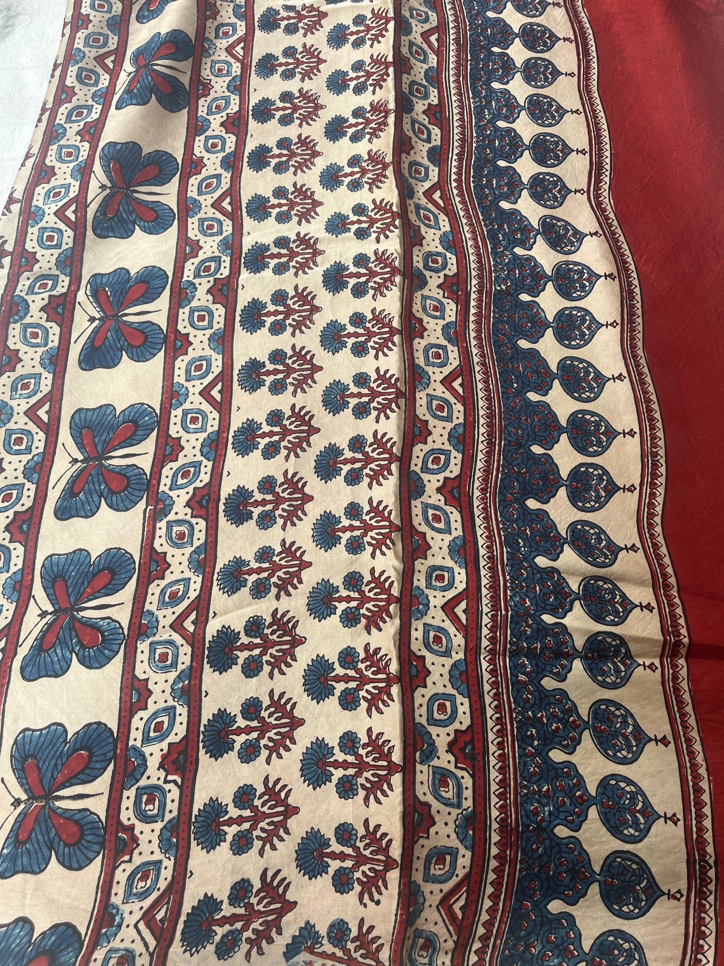 Ajrakh Modal Silk Saree - Beige Red