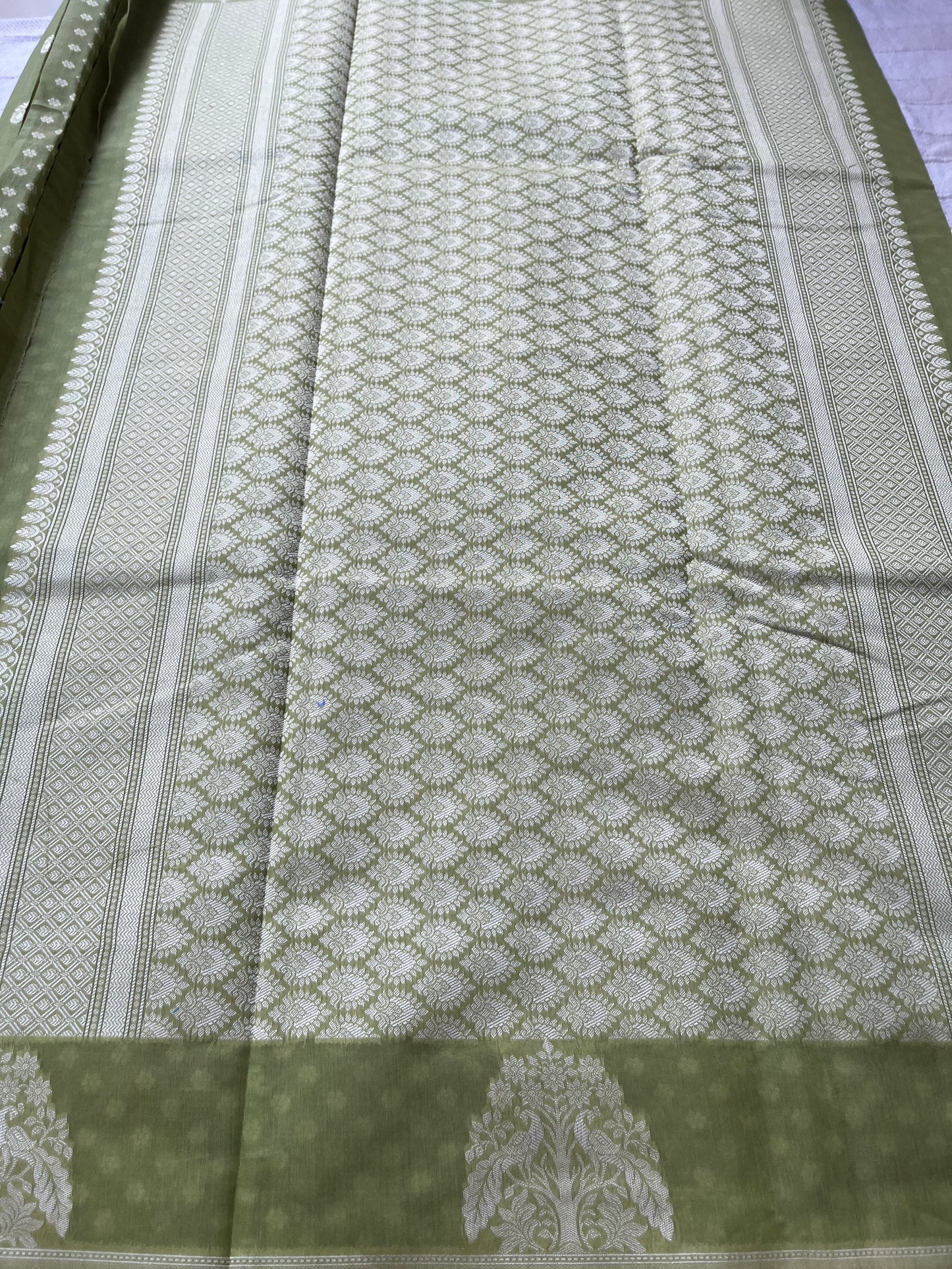 Mercerised Cotton Saree with Dear & Peacock Weaving - Mehendi Green