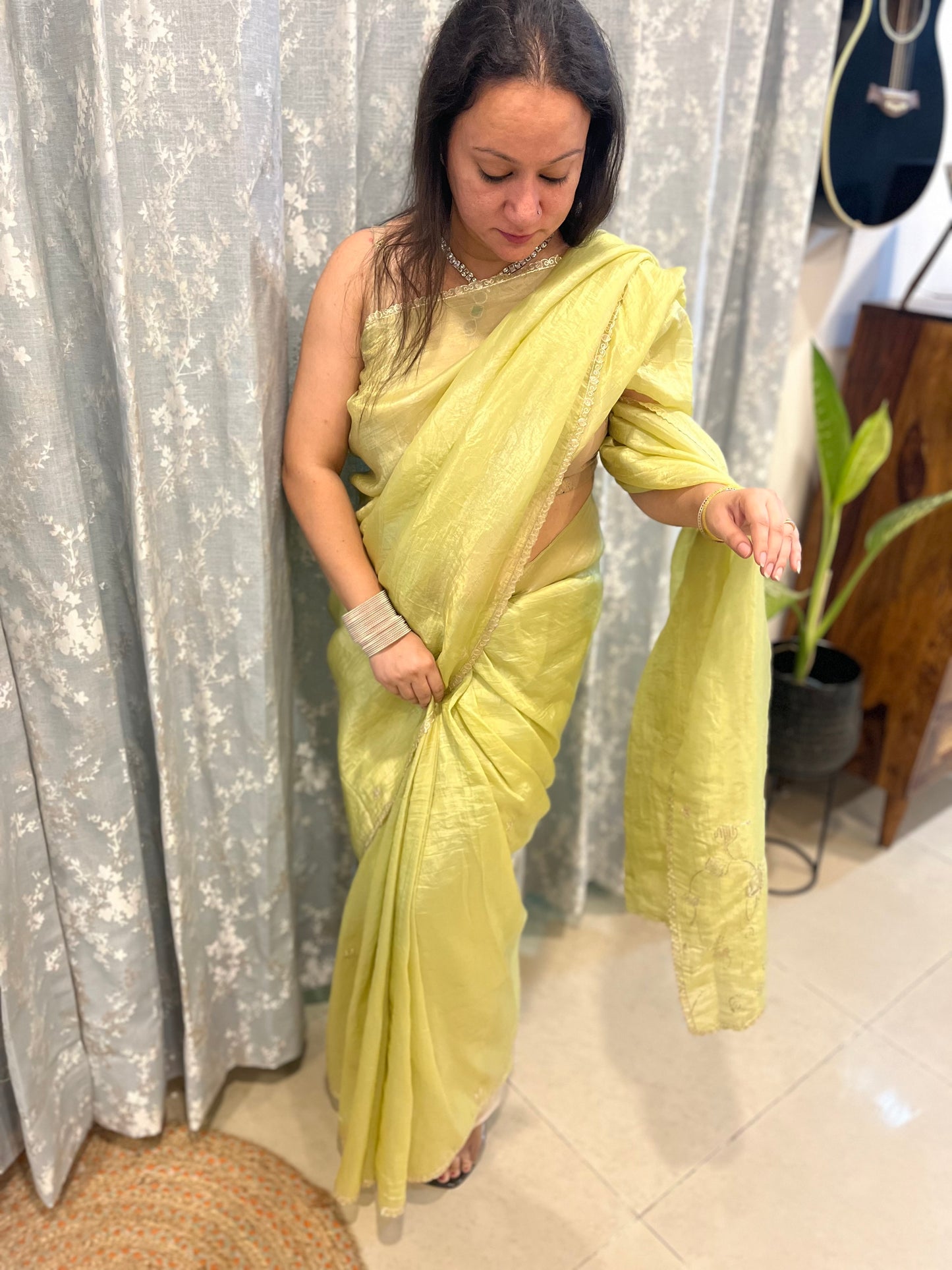 Pitta Work Crepe Tissue Saree - Mehendi Green