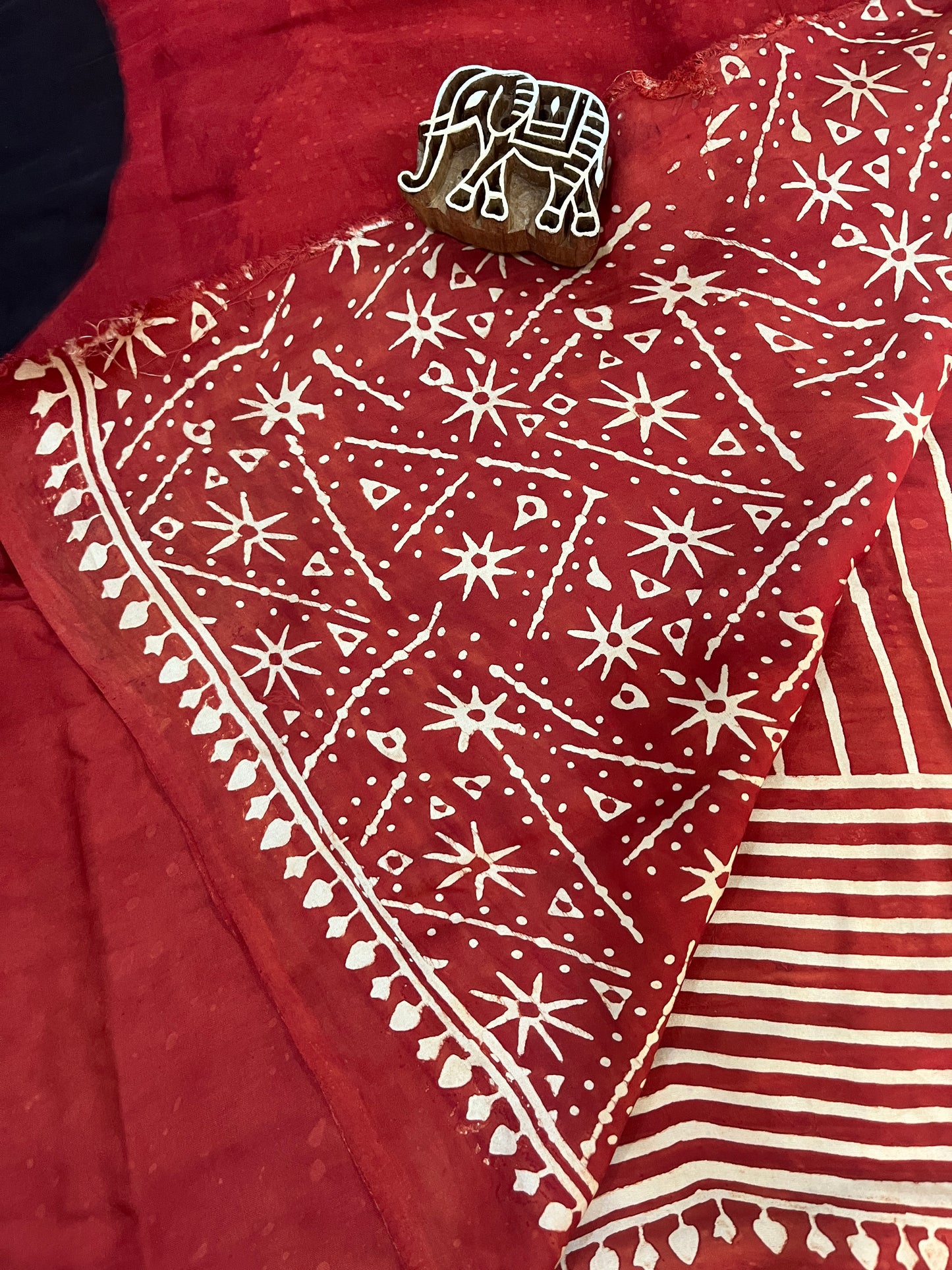 Contemporary Ajrakh Modal Silk Saree -Red Stripes