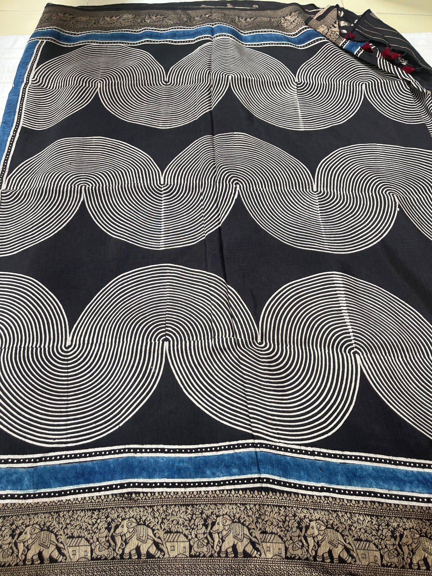 Ajrakh Dola Silk Saree - Black Geometric Pattern (with tassels)