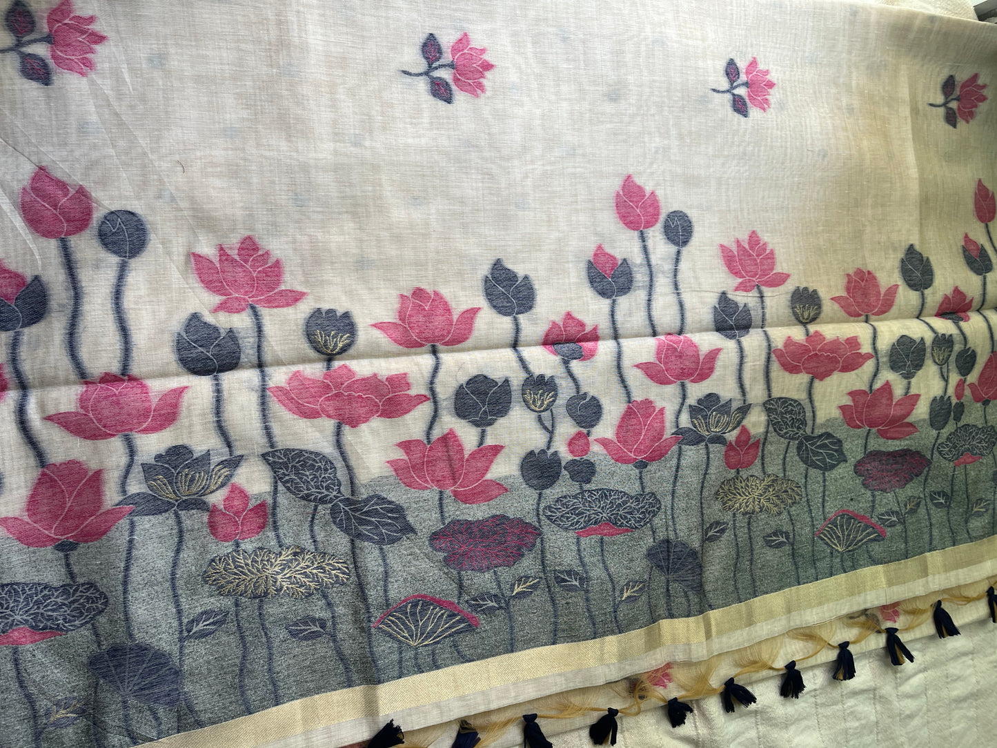 Chanderi Cotton Jamdani Saree - Pink Lotus Pond