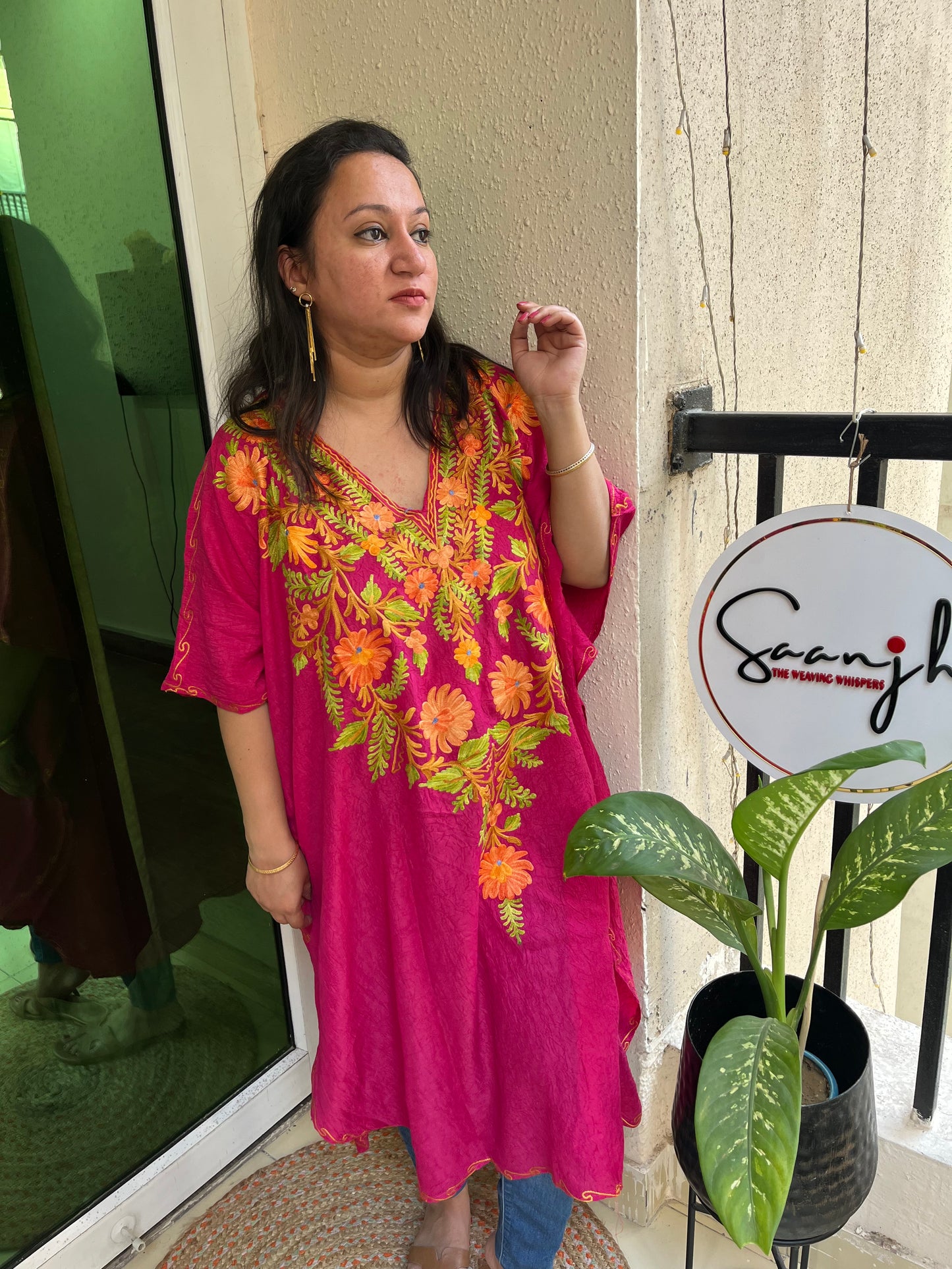 Crush Cotton Aariwork Kaftan - Rani Pink