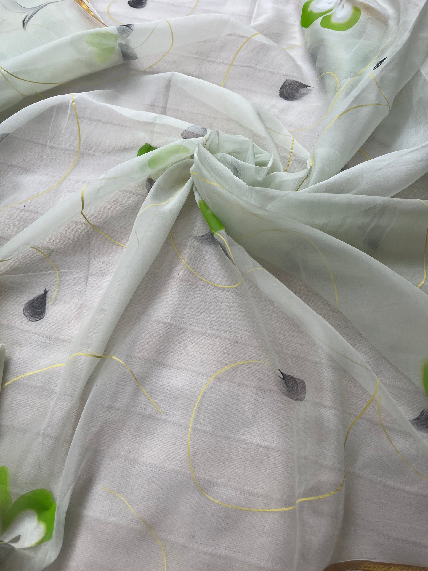 Hand-painted Chiffon Saree - Lime Green