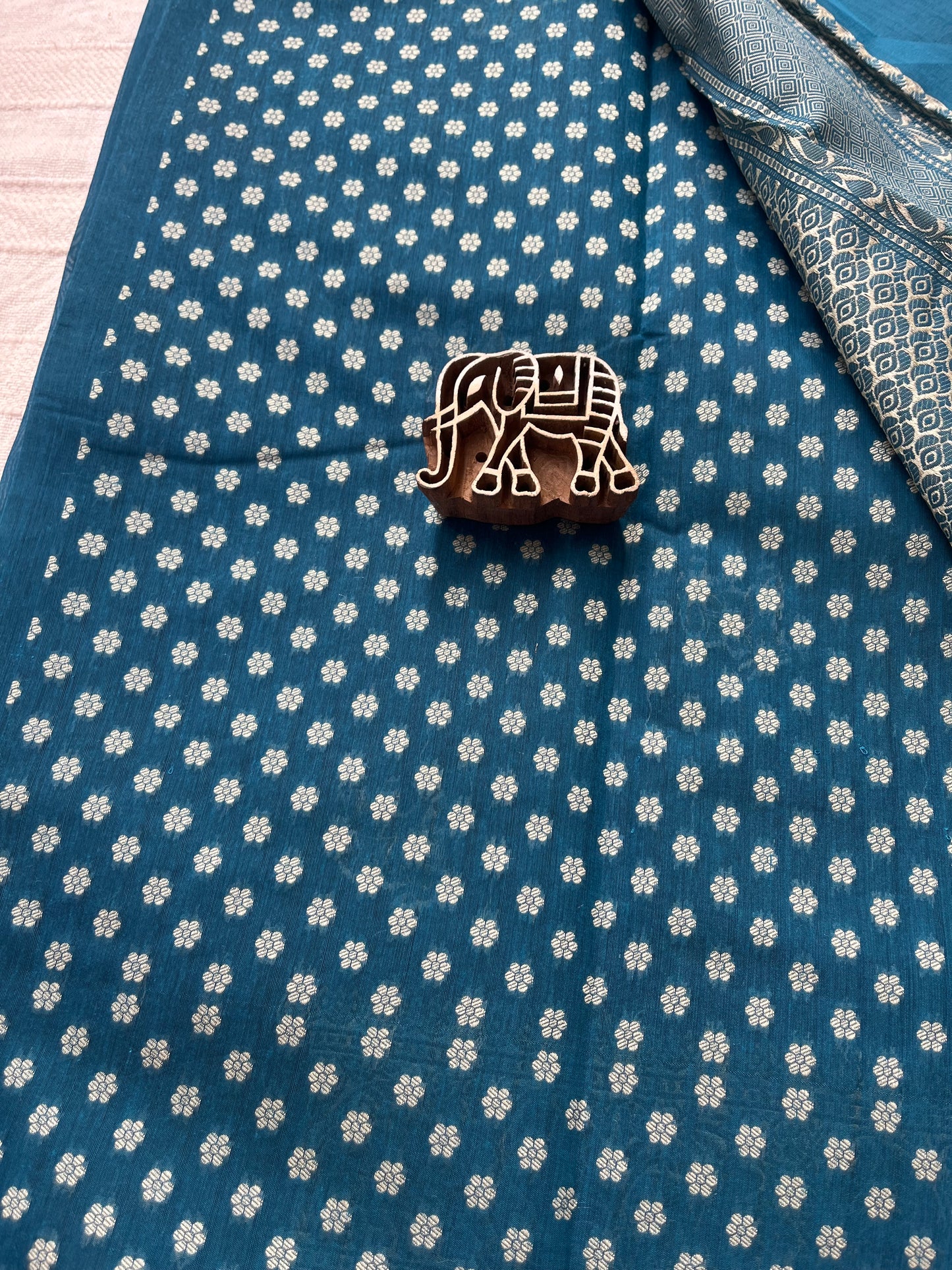 Mercerised Cotton Saree with Cow Weaving - Teal Blue
