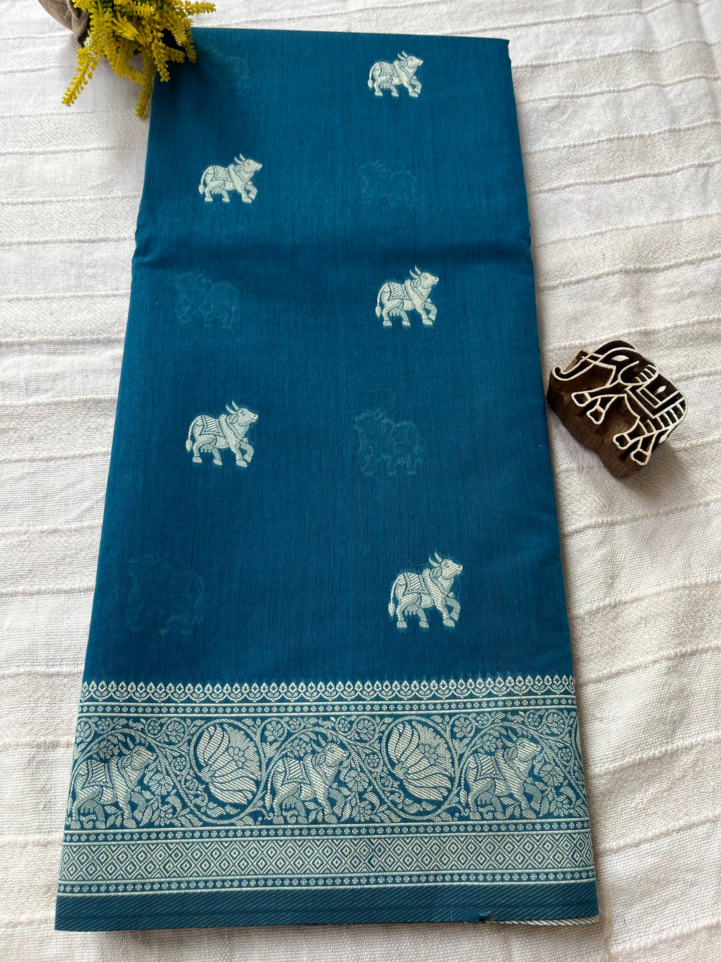 Mercerised Cotton Saree with Cow Weaving - Teal Blue