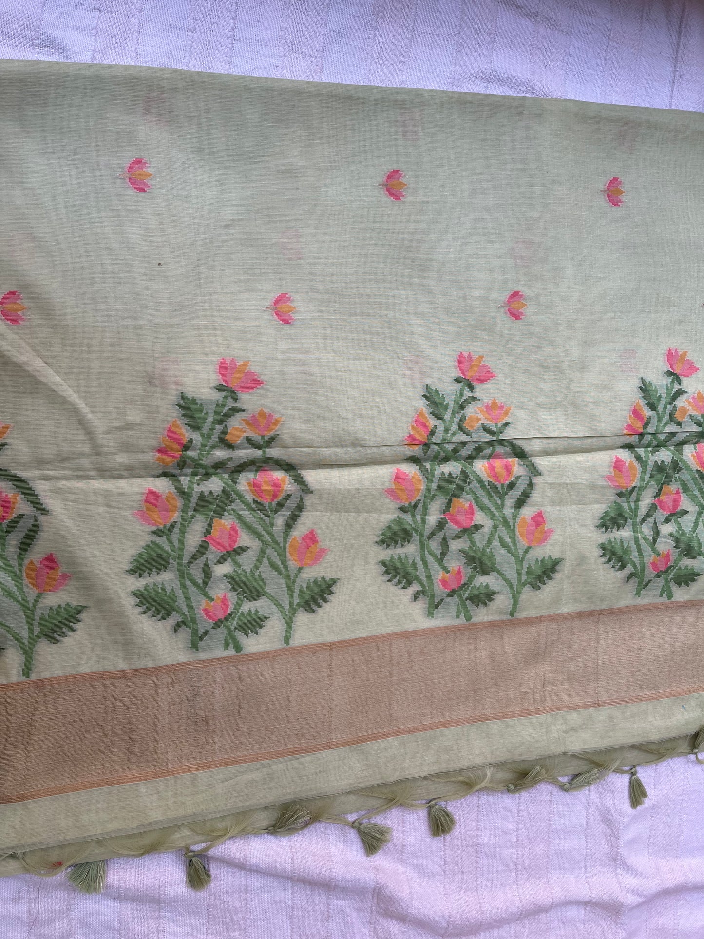 Chanderi Cotton Jamdani Saree - Pastel Green Lotus Motifs