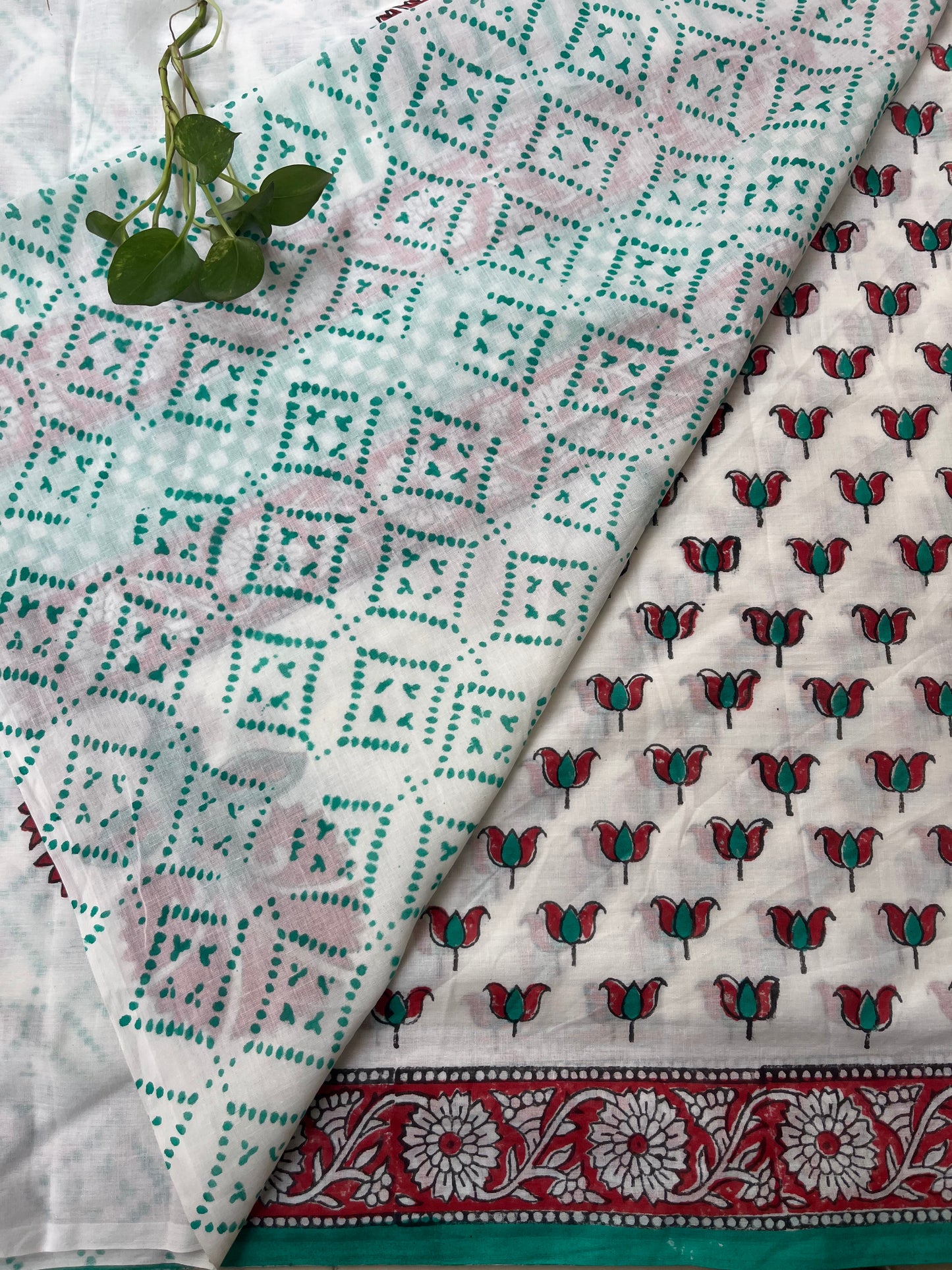 Lotus Handblock Mul Cotton Saree - White
