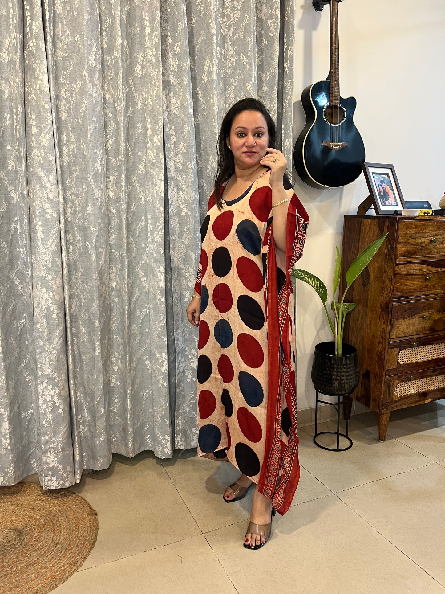 Ajrakh Modal Silk Kaftan - Multi Polka