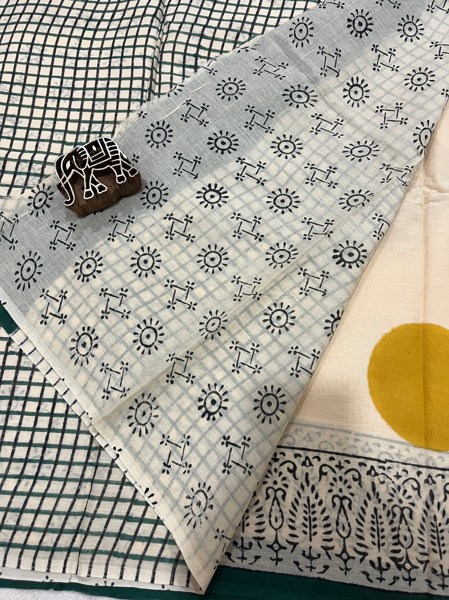 ‘Bindi Tales’ Handblock Mul Cotton Saree - Yellow on Off-white