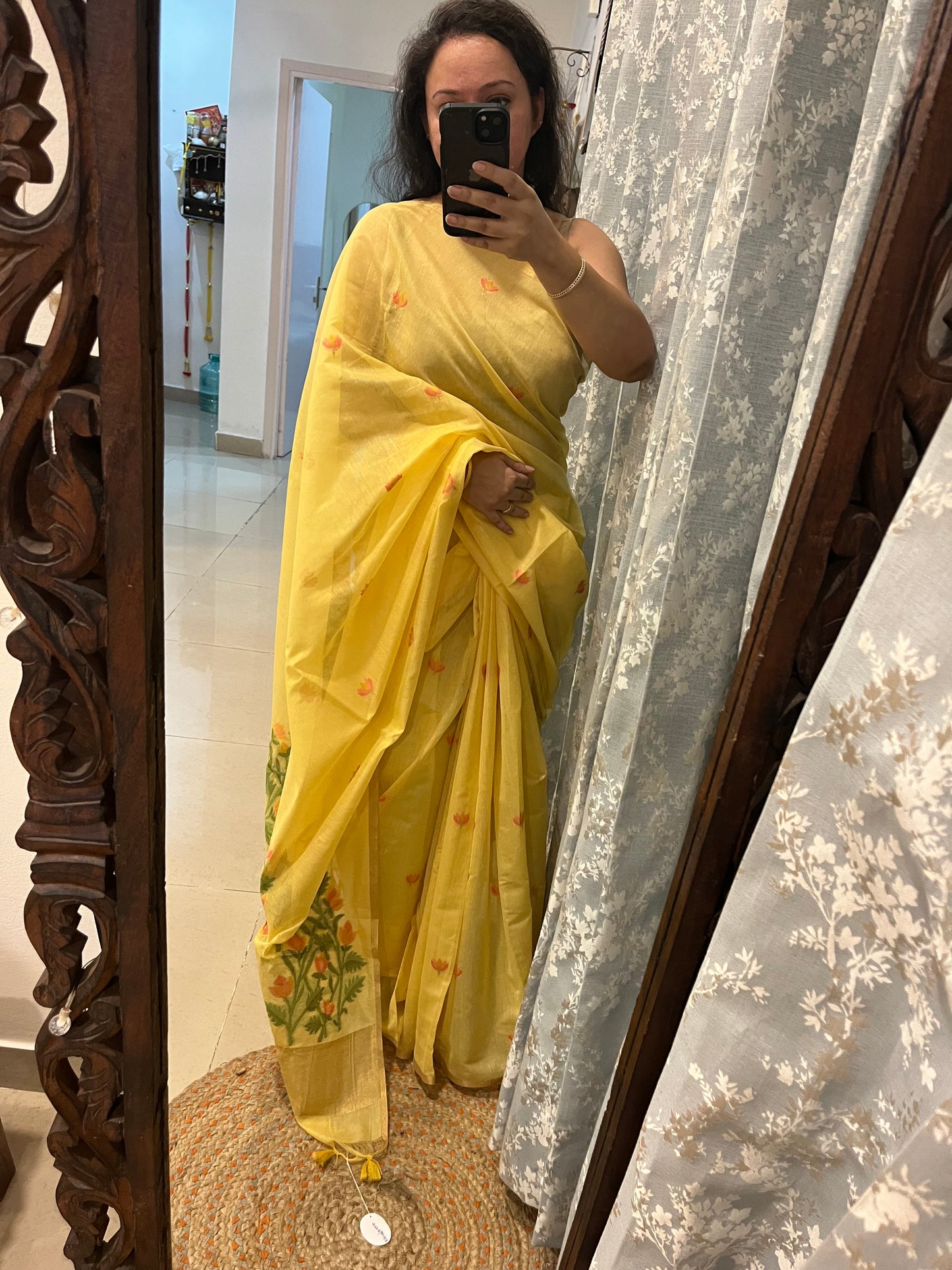 Chanderi Cotton Jamdani Saree - Lemon Yellow Lotus Motifs