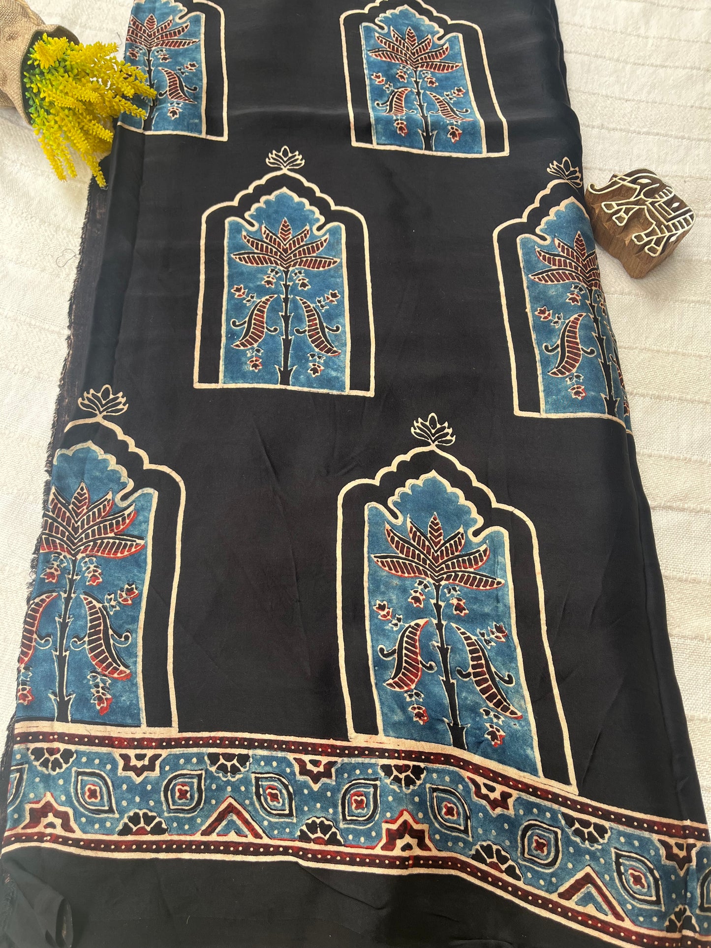 Contemporary Ajrakh Modal Silk Saree - Black