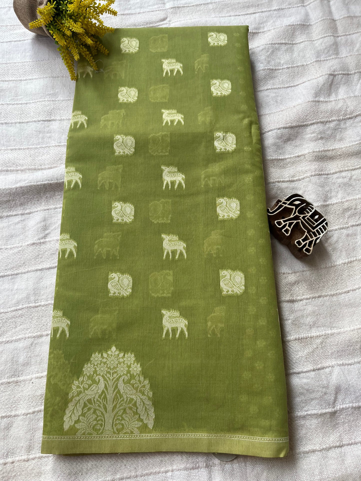Mercerised Cotton Saree with Dear & Peacock Weaving - Mehendi Green