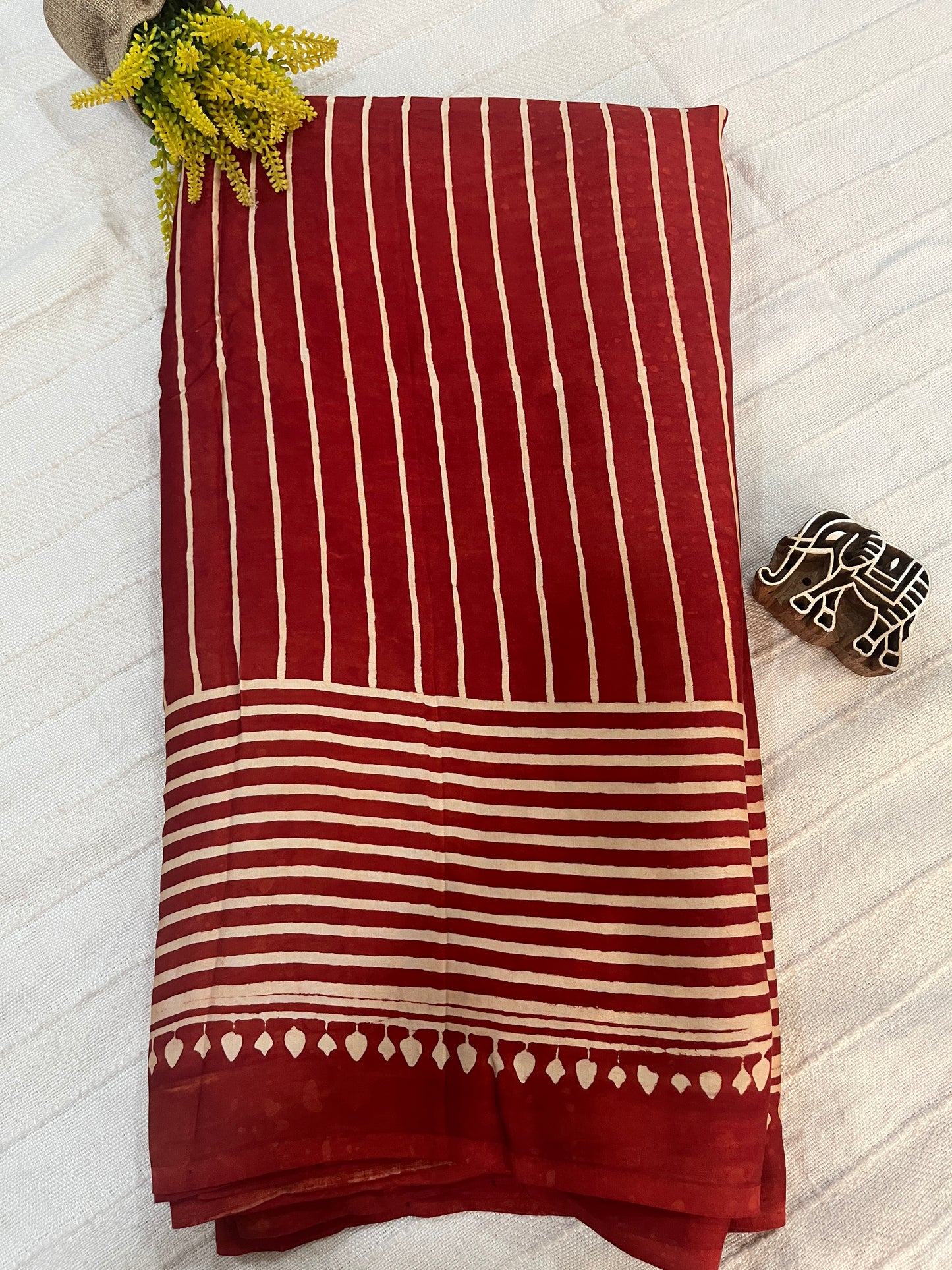 Contemporary Ajrakh Modal Silk Saree -Red Stripes