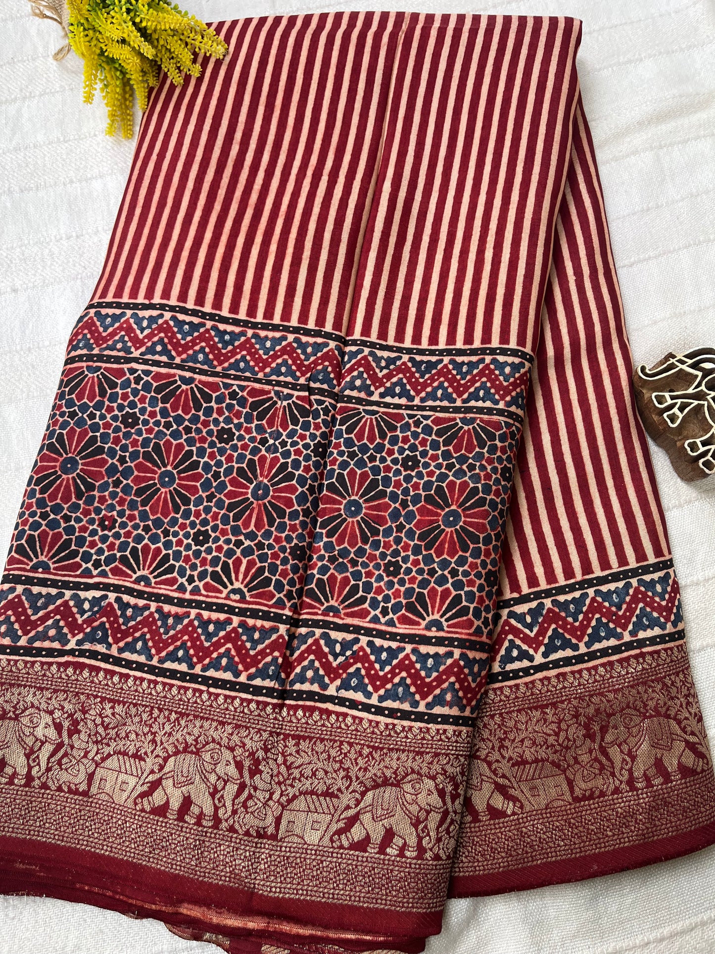 Ajrakh Dola Silk Saree - Contemporary Deep Red Stripes (with tassels)