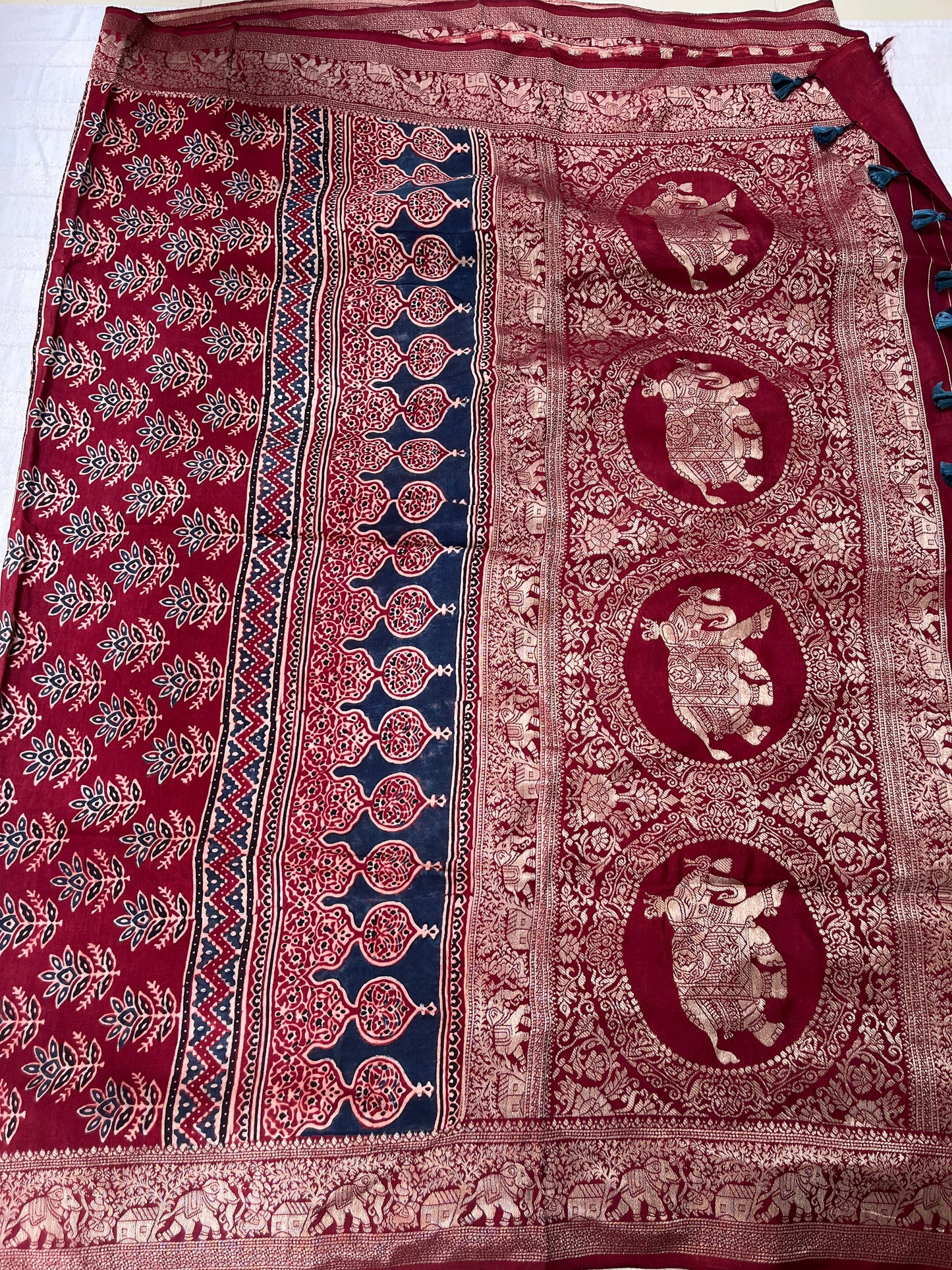 Ajrakh Dola Silk Saree - Contemporary Deep Red Stripes (with tassels)