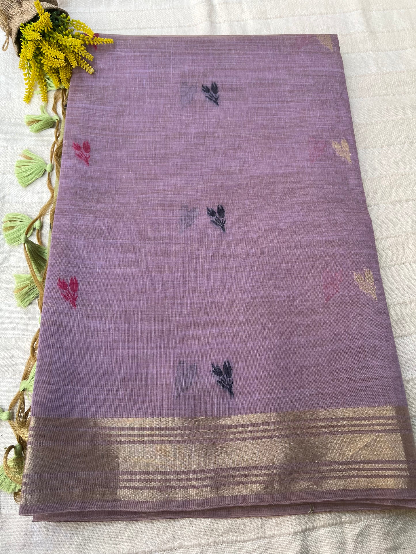Chanderi Cotton Jamdani Saree - Lavender-Olive Green Pichwai