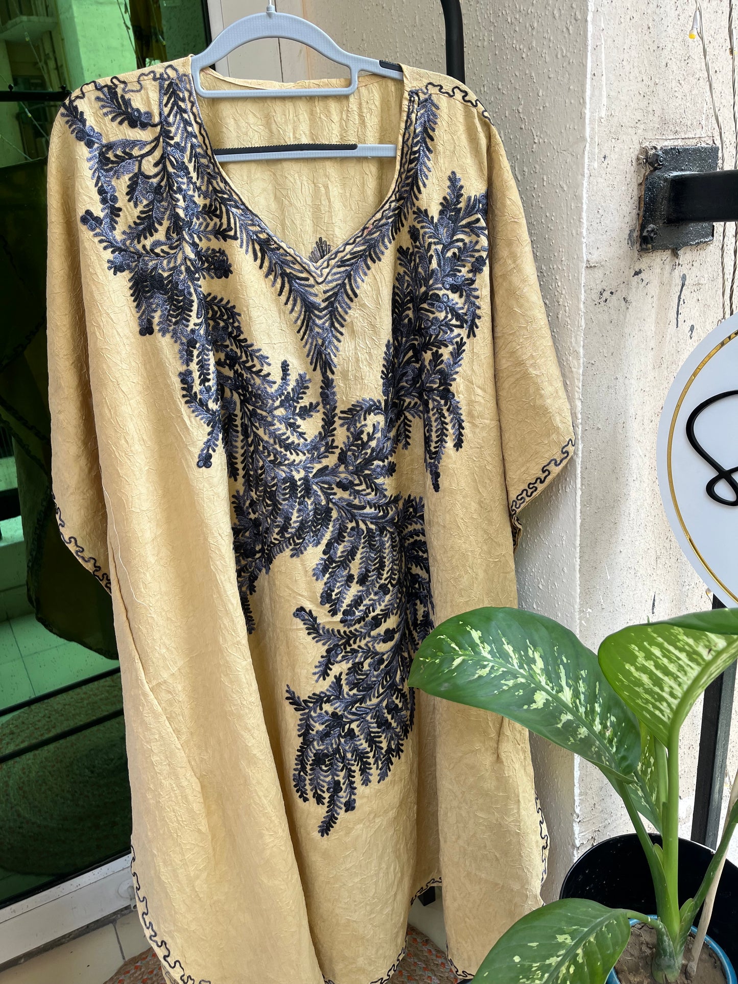 Crush Cotton Aariwork Kaftan - Beige