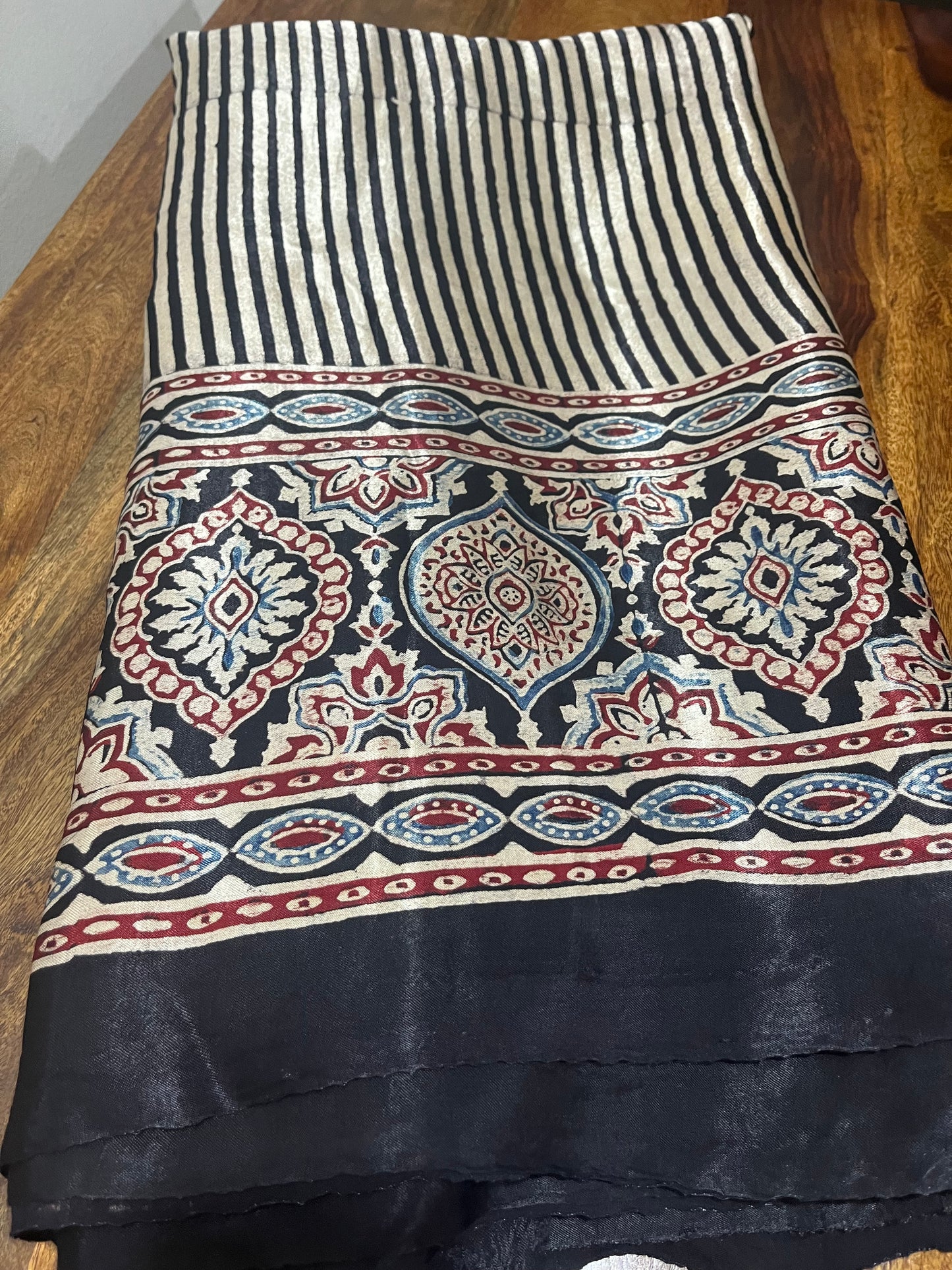Ajrakh Modal Silk Saree with Tissue Palla - Black Stripes