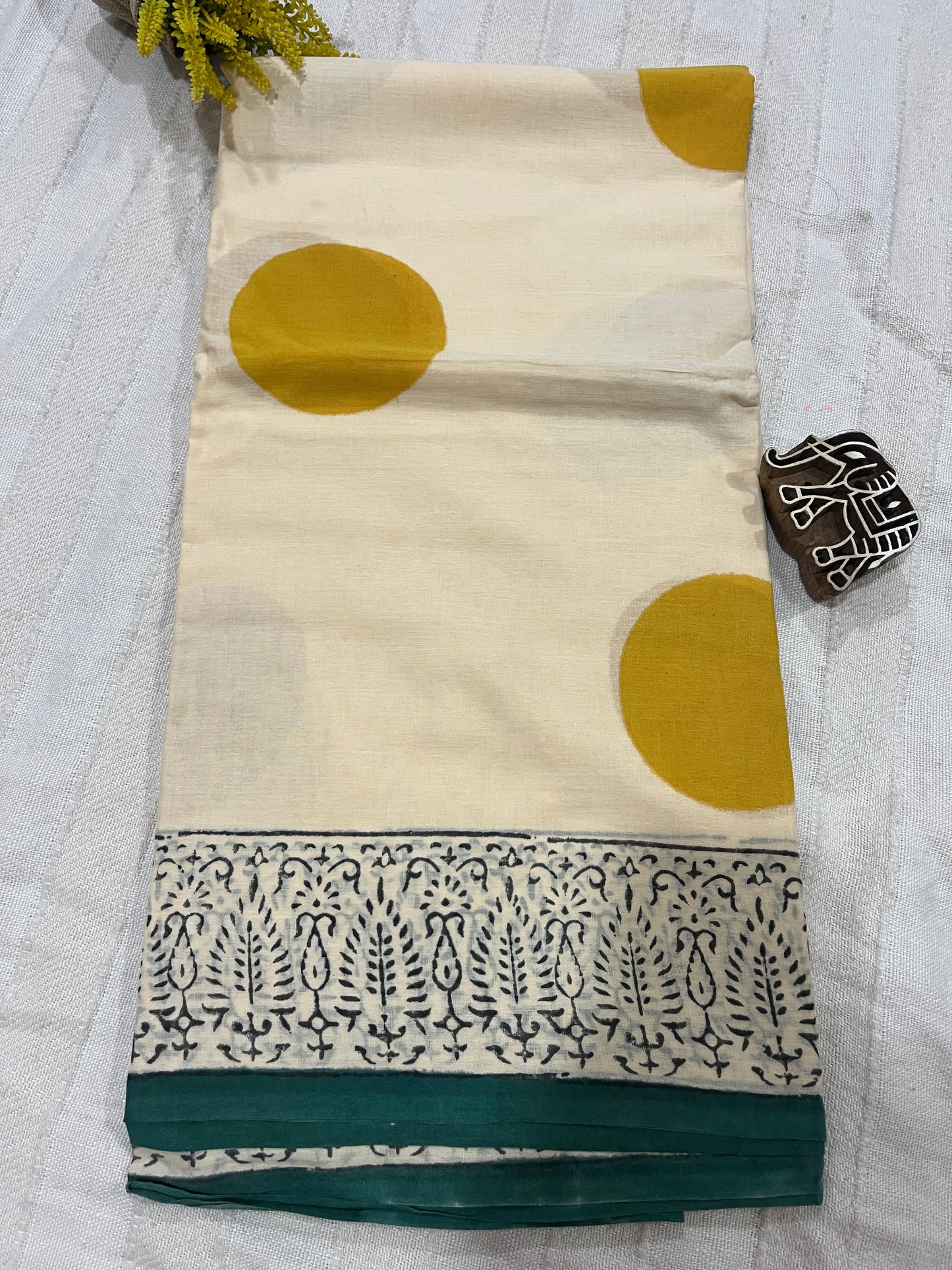 ‘Bindi Tales’ Handblock Mul Cotton Saree - Yellow on Off-white