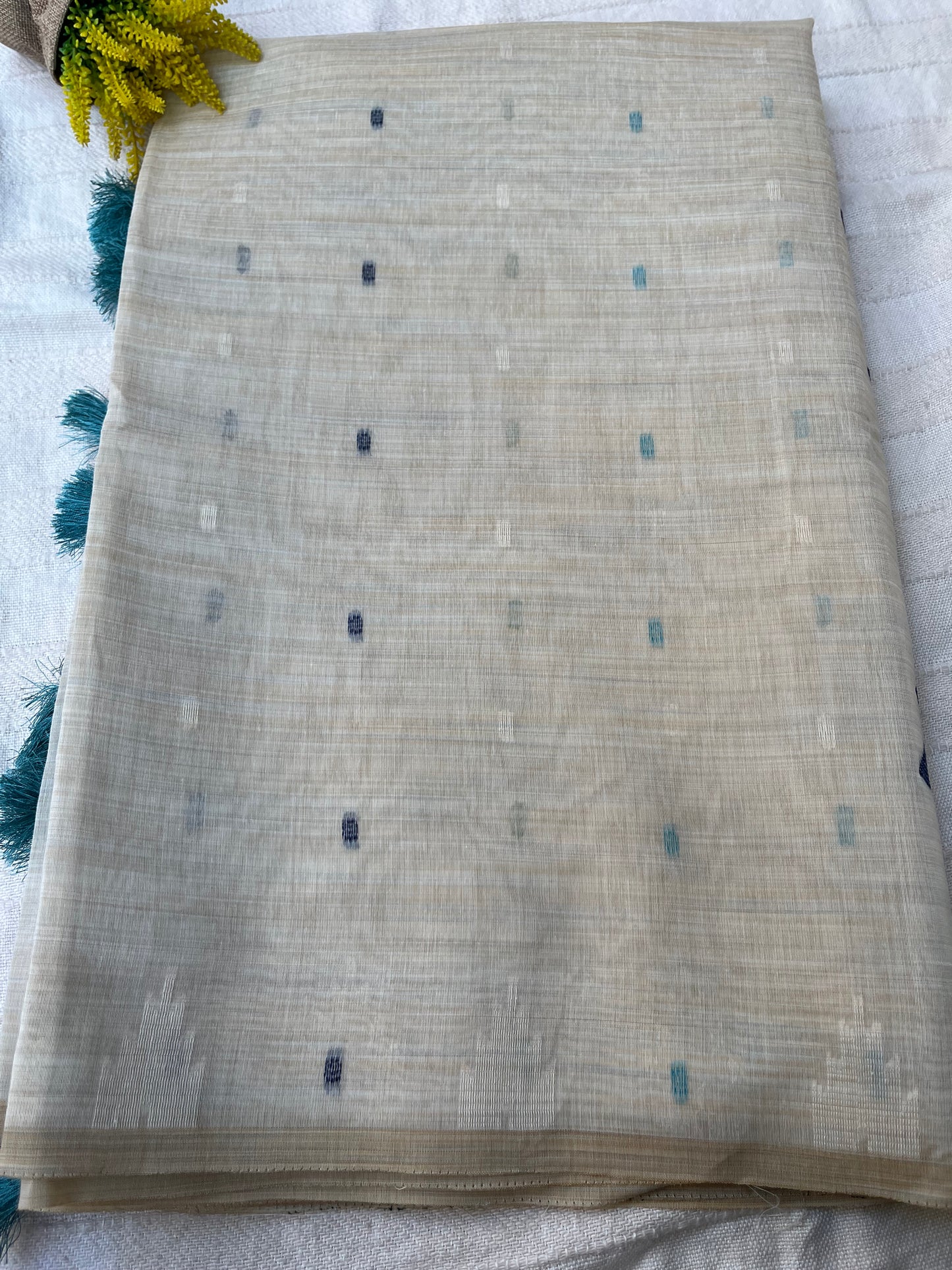 Chanderi Cotton Jamdani Saree - Ivory-Sky Blue Flower Weaving