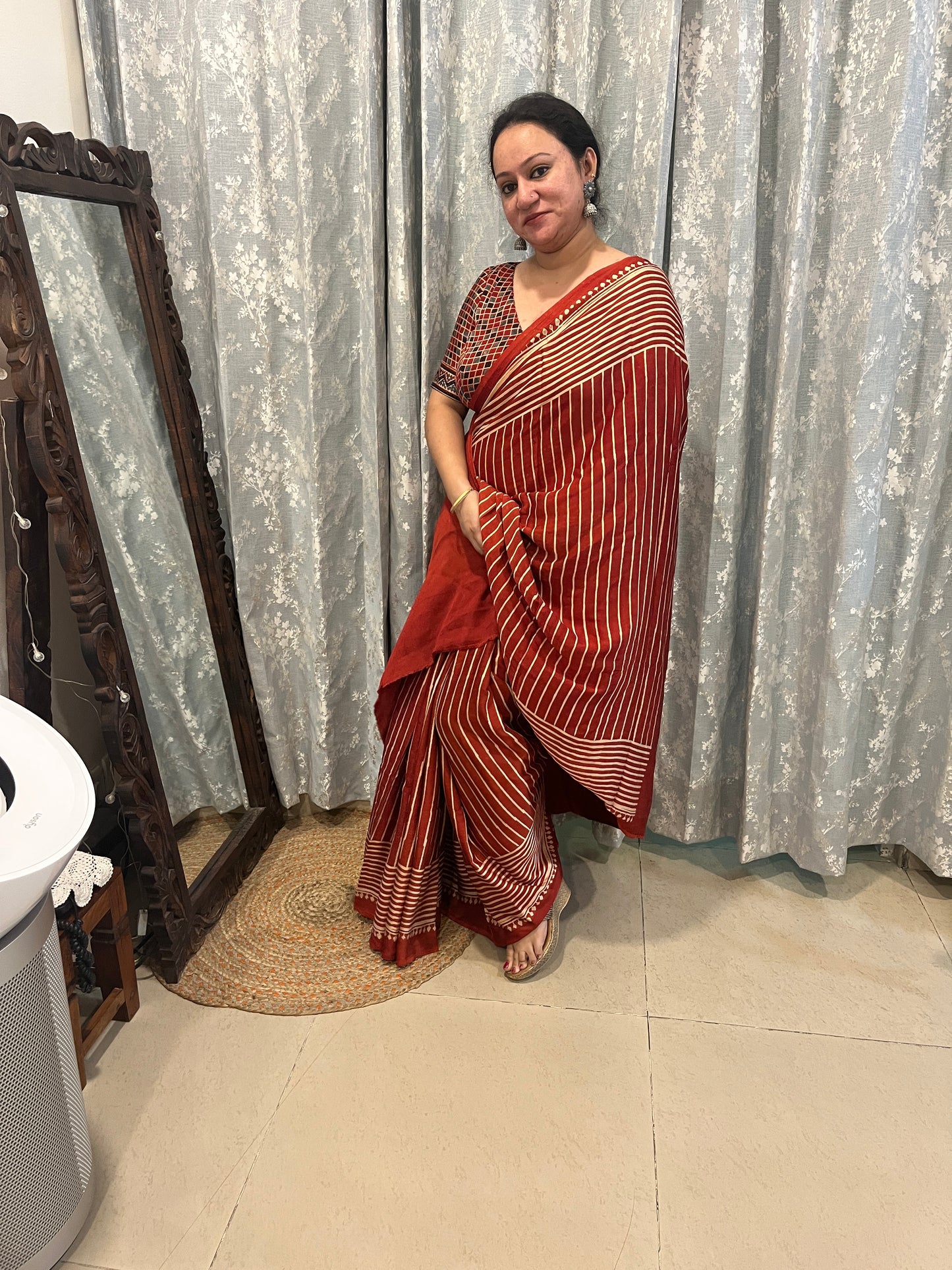 Contemporary Ajrakh Modal Silk Saree -Red Stripes