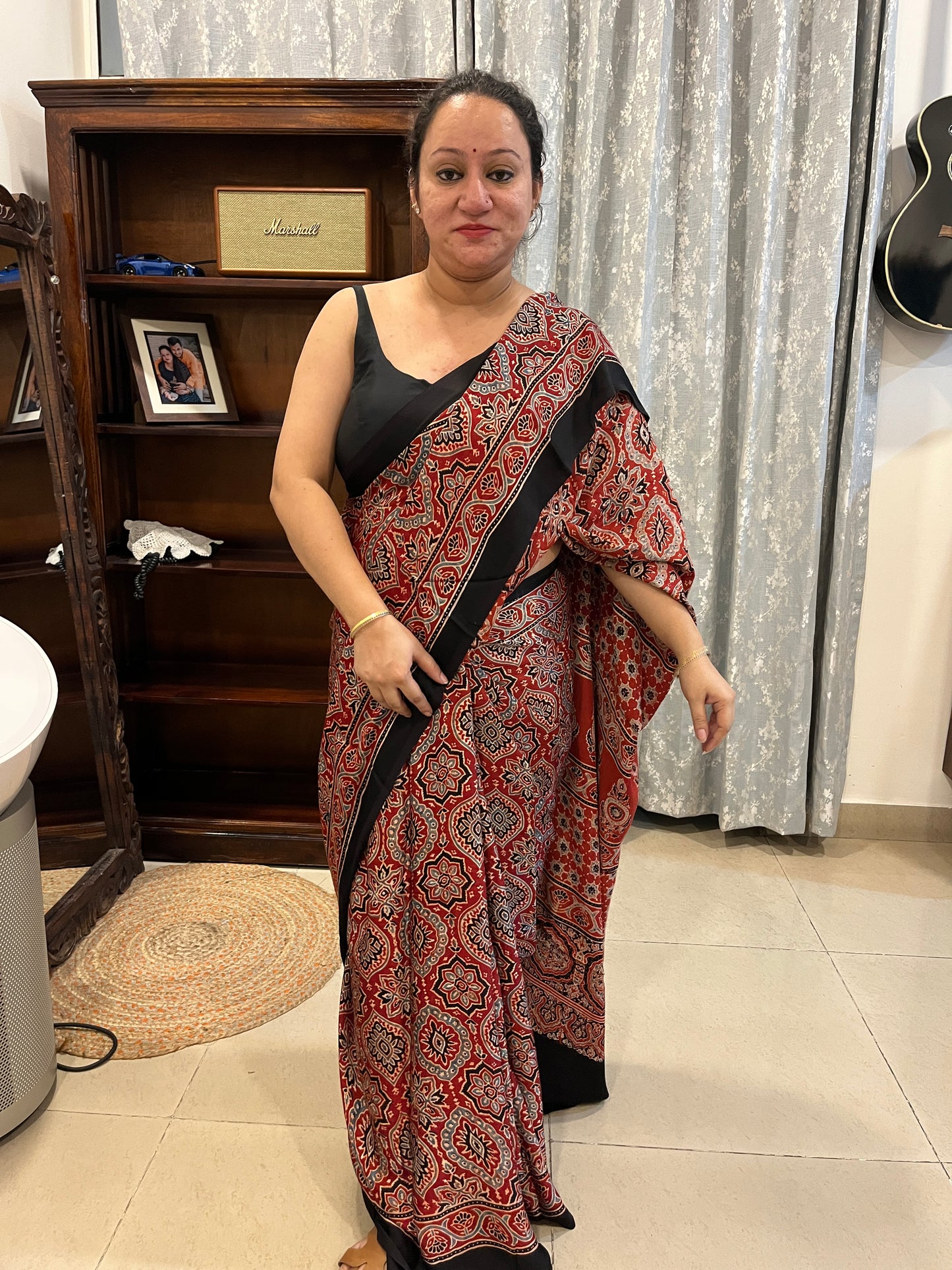 Ajrakh Modal Silk Saree -Red Badam Block