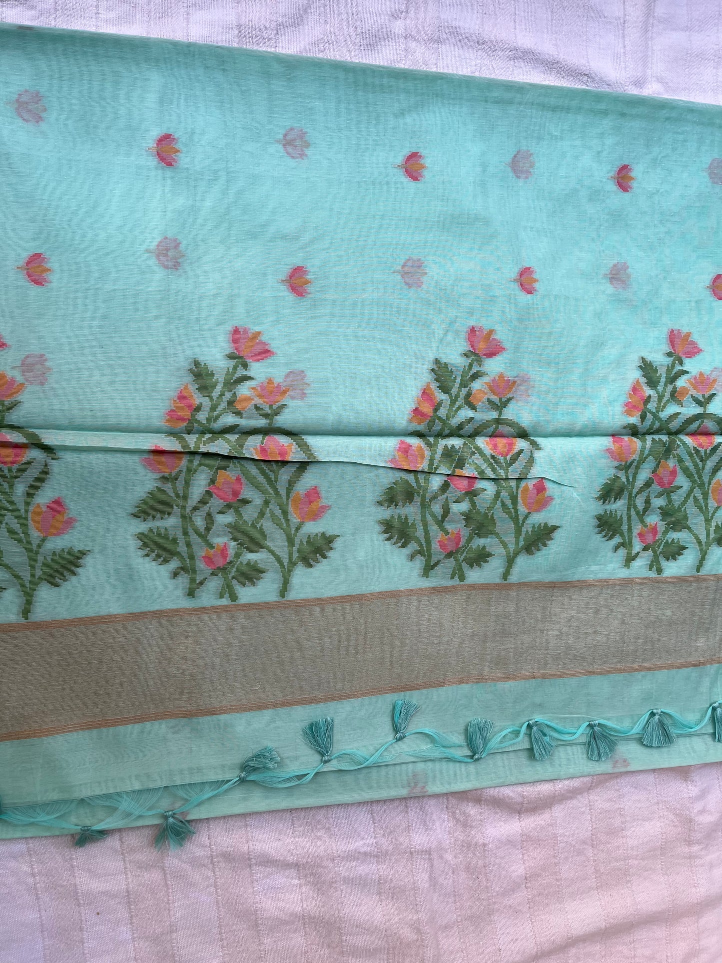 Chanderi Cotton Jamdani Saree - Pastel Sea-Green Lotus Motifs