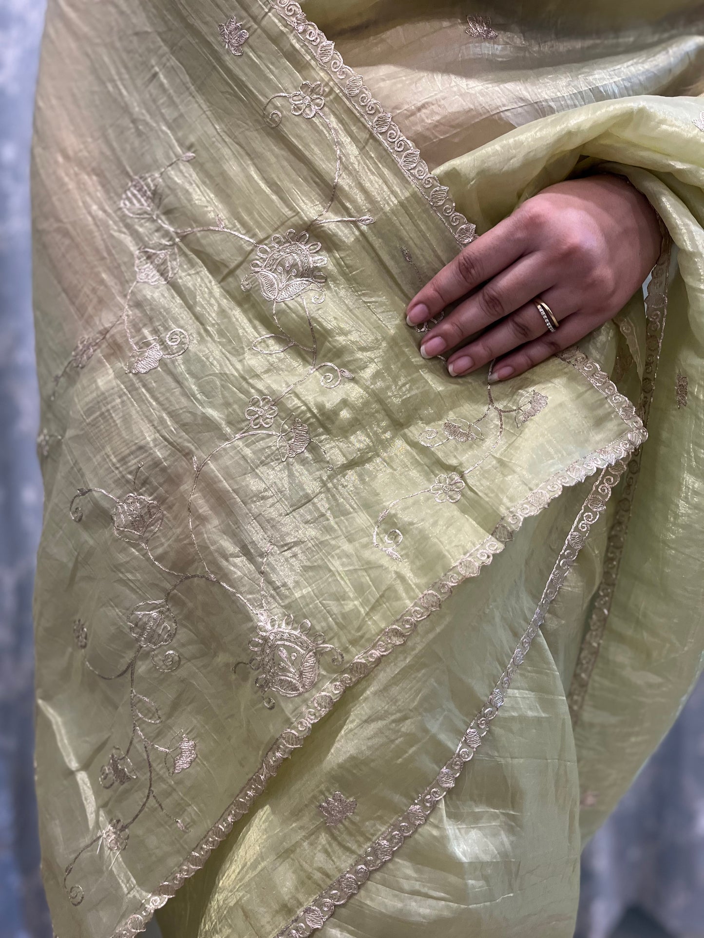 Pitta Work Crepe Tissue Saree - Mehendi Green