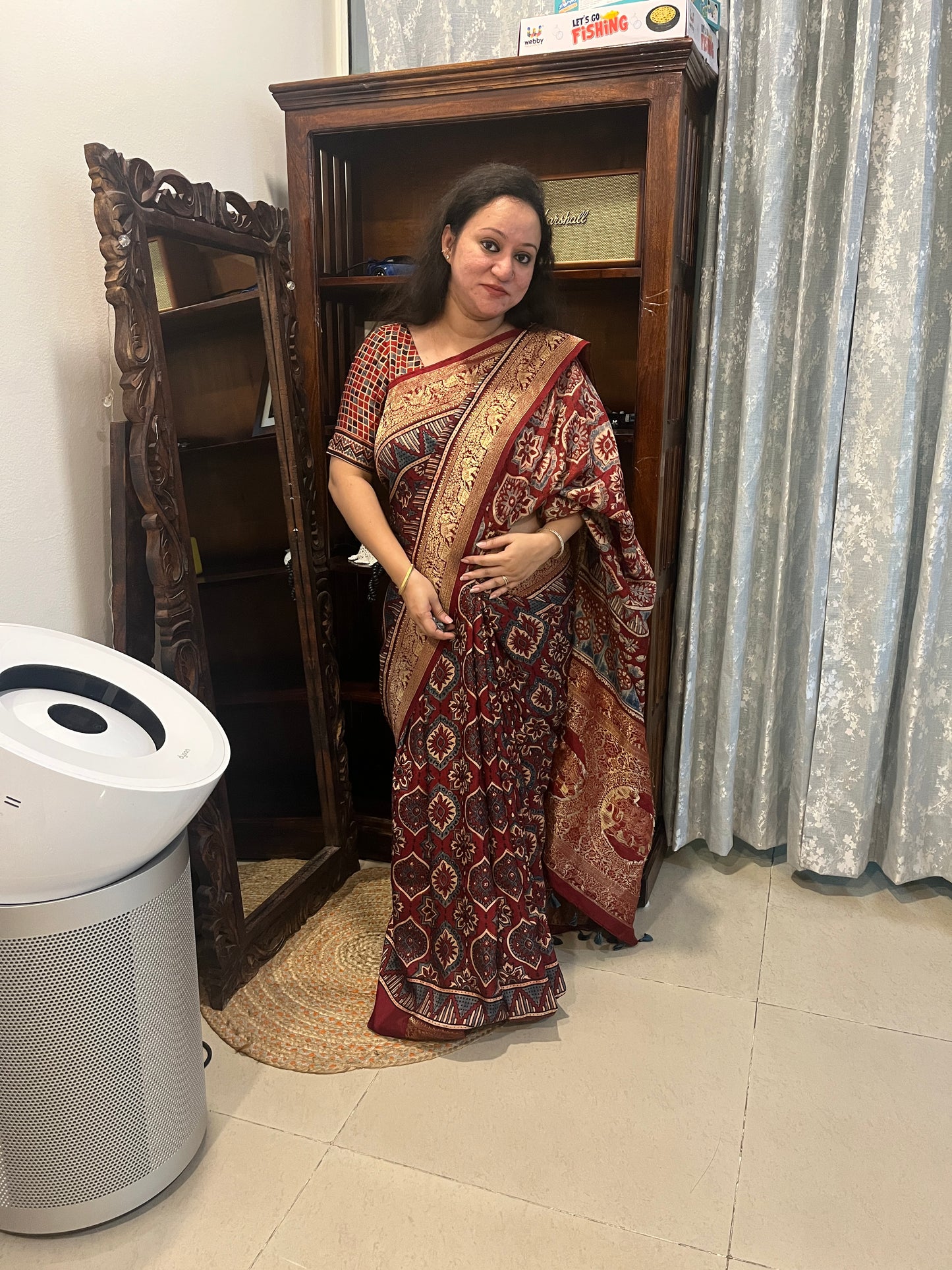 Ajrakh Dola Silk Saree - Deep Red Badam Block (with tassels)