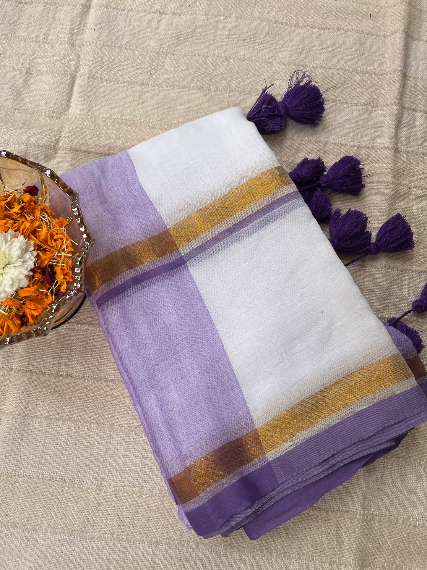 Zari Mul Cotton Saree - White with Purple Border & Pallu (No Blouse piece)
