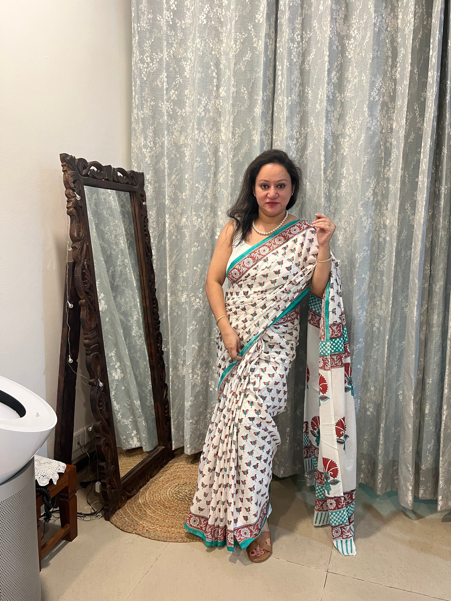 Lotus Handblock Mul Cotton Saree - White
