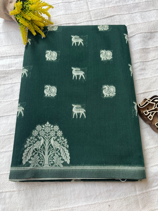 Mercerised Cotton Saree with Dear & Peacock Weaving - Dark Green