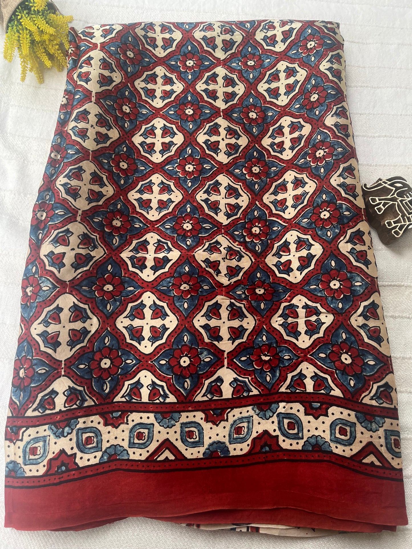 Ajrakh Modal Silk Saree - Beige Red